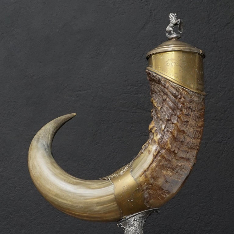 Large 19th Century Buffalo Horn of Plenty, Cornucopia Mounted in Metal