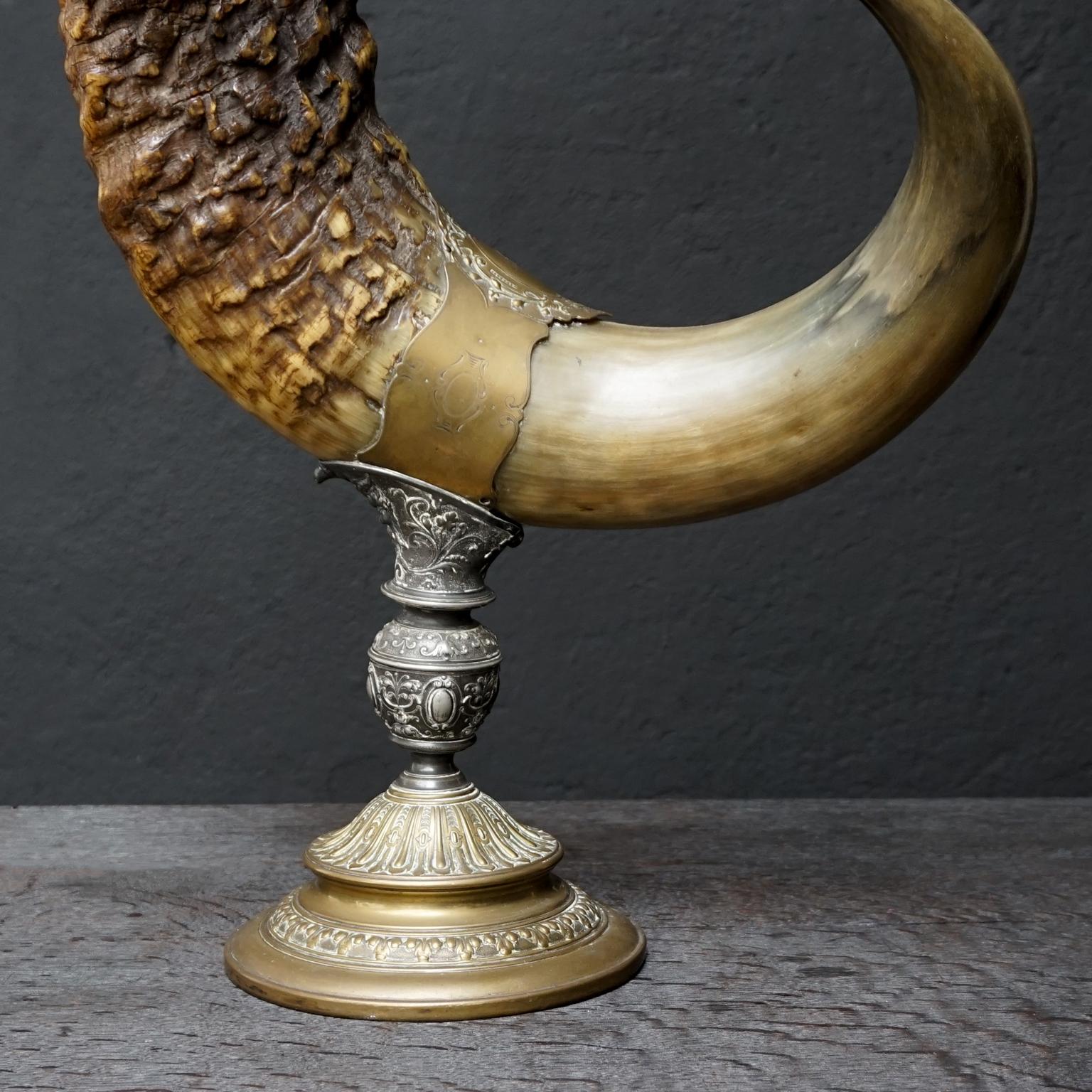 Cast Large 19th Century Buffalo Horn of Plenty, Cornucopia Mounted in Metal & Copper