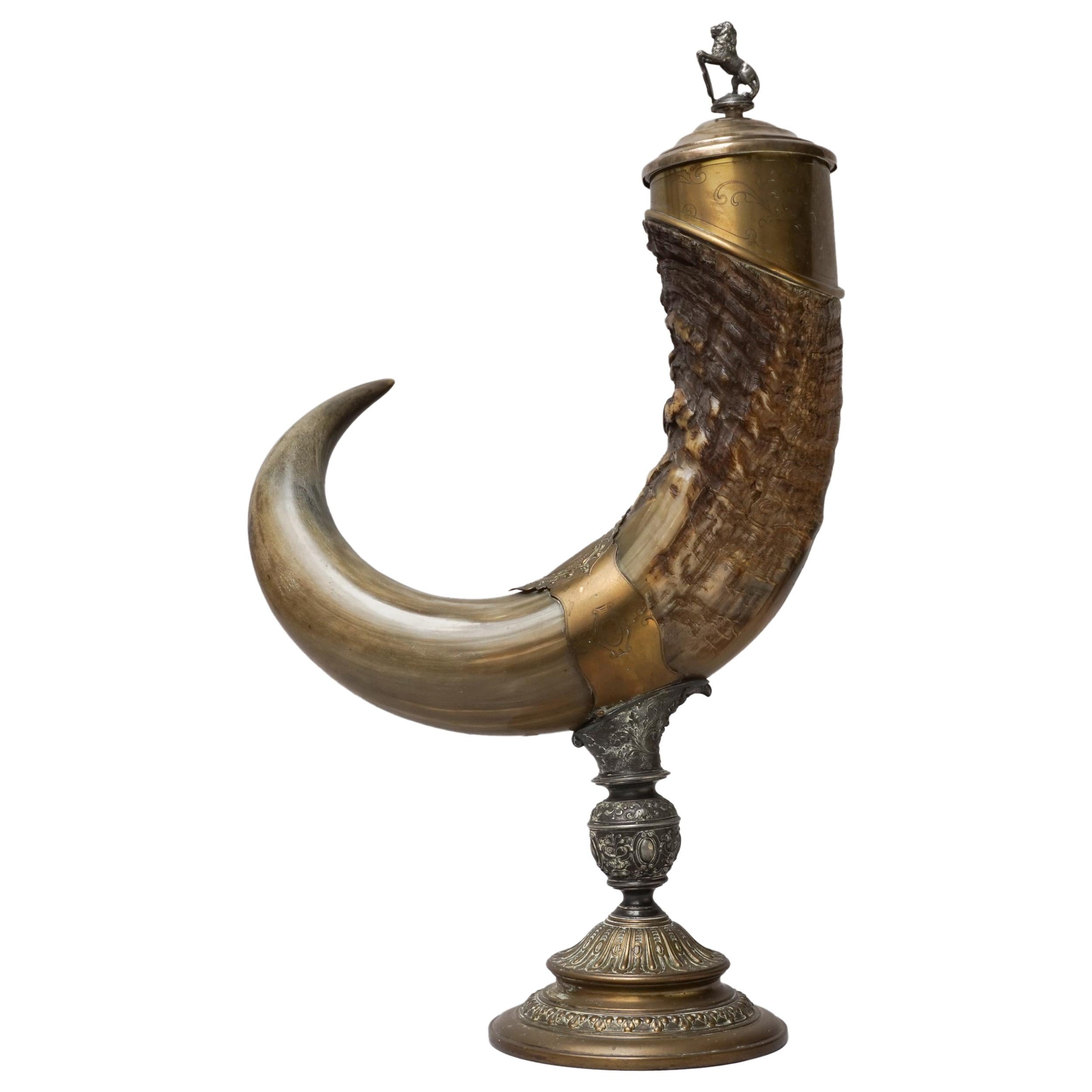 Large 19th Century Buffalo Horn of Plenty, Cornucopia Mounted in Metal & Copper