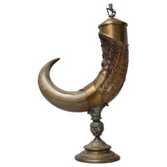 Antique Large 19th Century Buffalo Horn of Plenty, Cornucopia Mounted in Metal & Copper