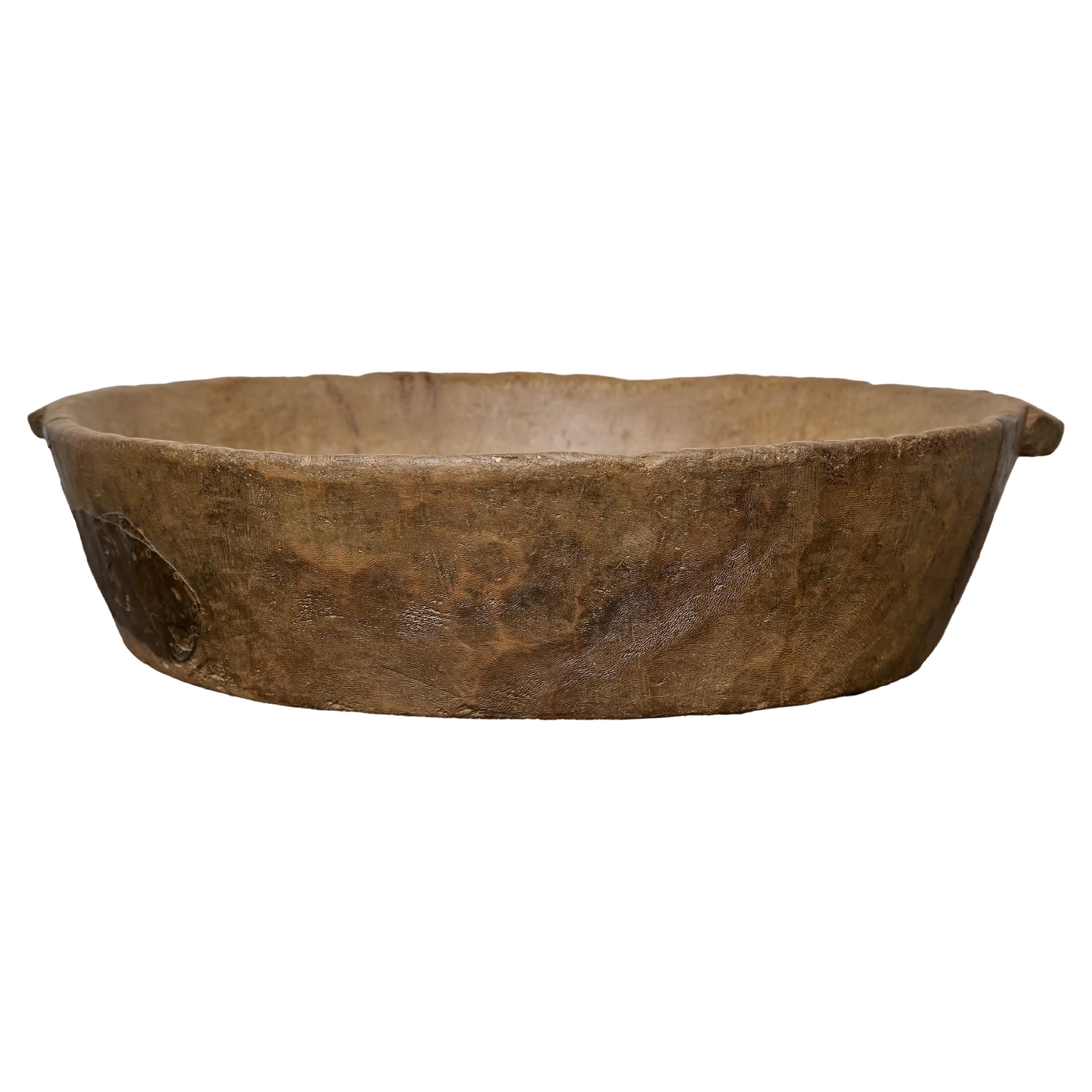 Large 19th Century Burl Walnut Bowl with Iron Repairs and Handles