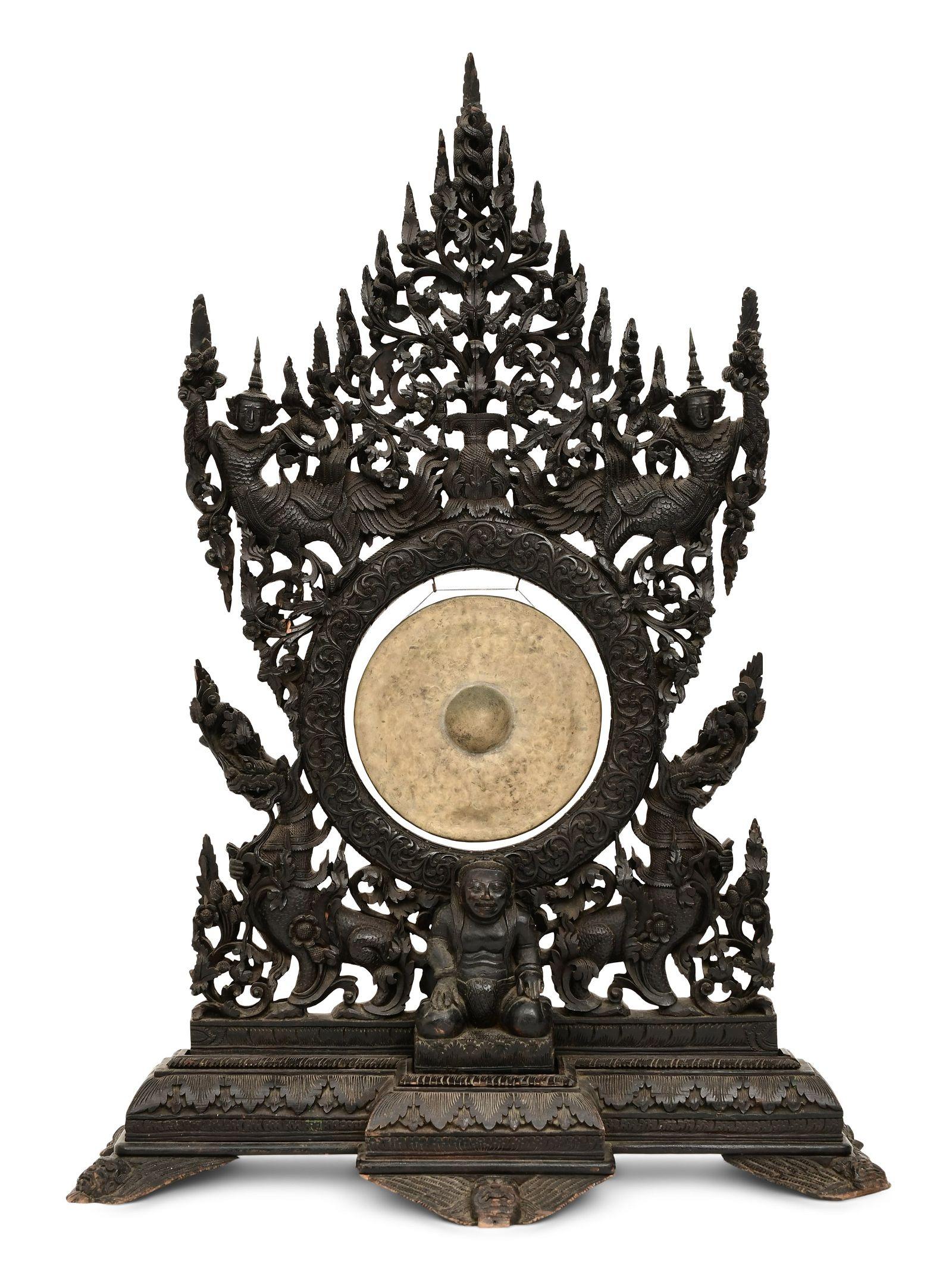 Large 19th Century Burmese Carved Wooden and Brass Gong In Good Condition For Sale In New York, NY