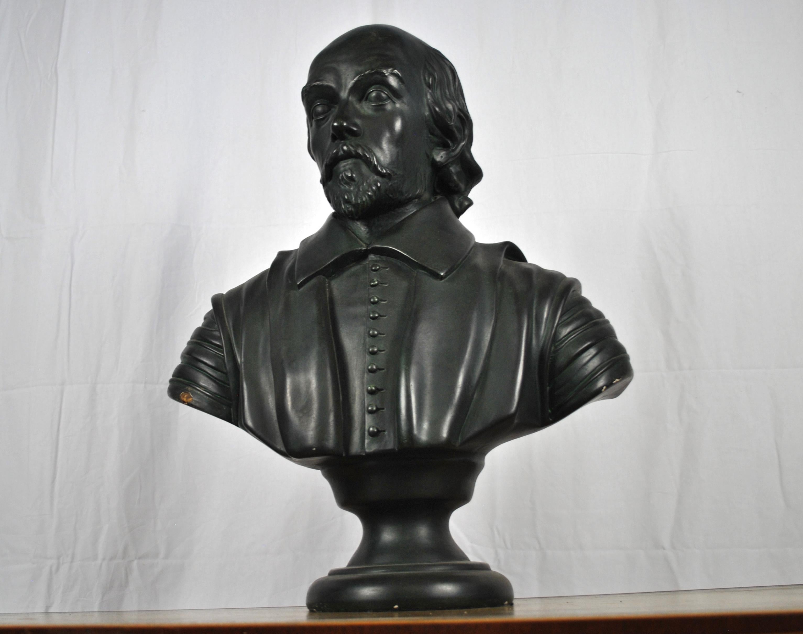 A large 19th century plaster bust of Shakespeare. A very good study with excellent attention to his expression of deep thought. A fabulous addition for a study or library.
 