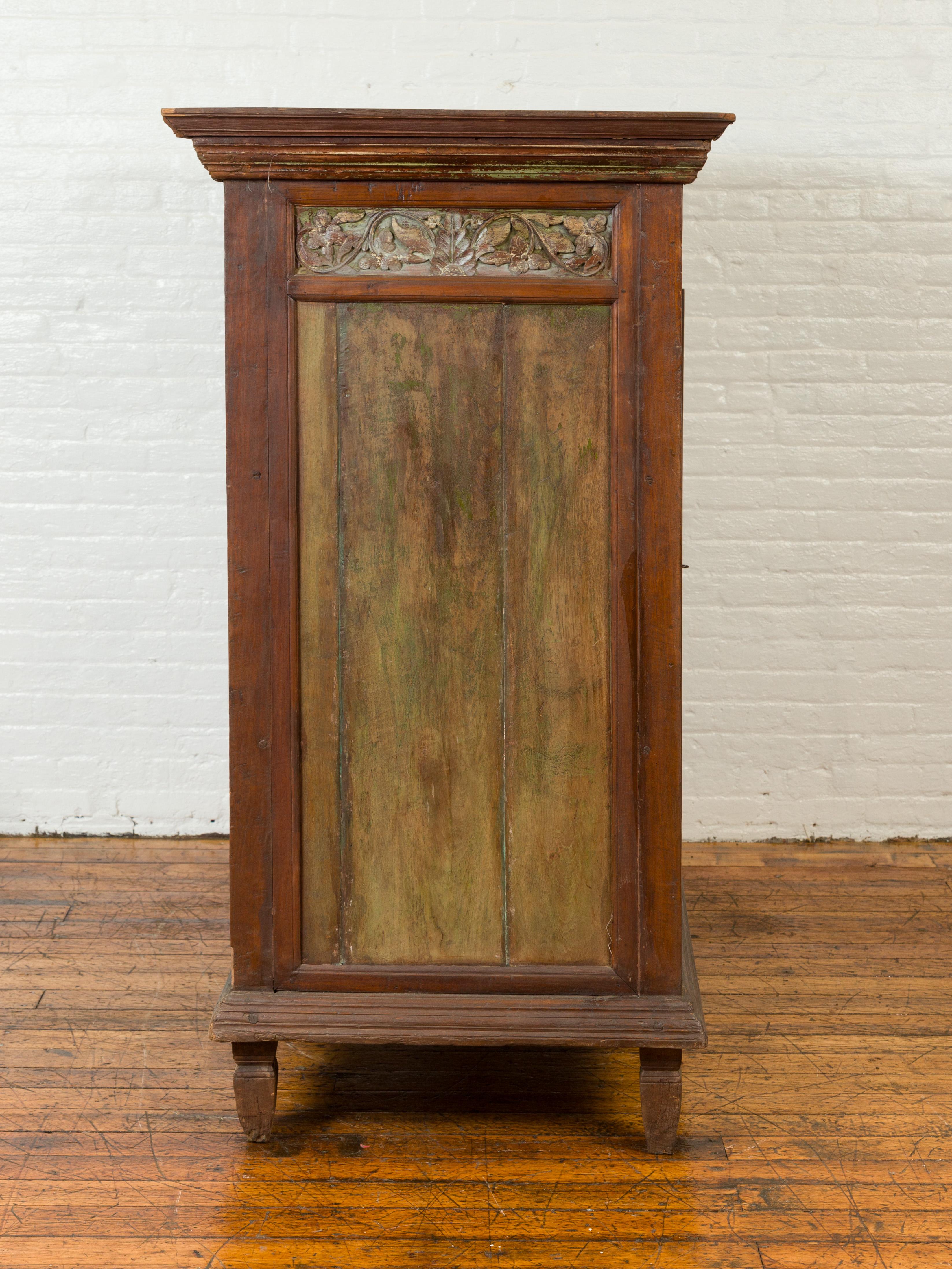 Large 19th Century Cabinet with Carved Floral Motifs and Distressed Verde Finish For Sale 5