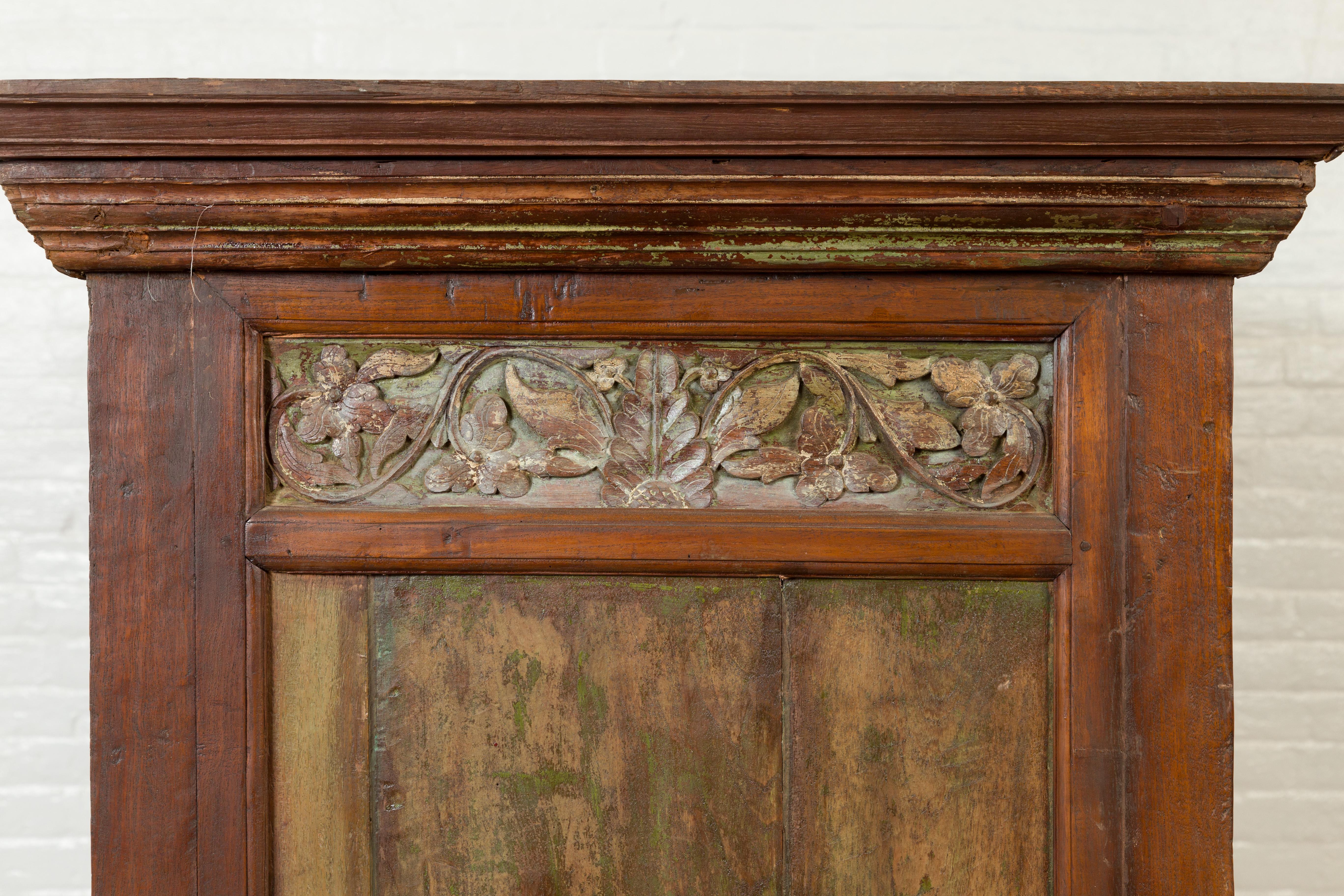 Large 19th Century Cabinet with Carved Floral Motifs and Distressed Verde Finish For Sale 6