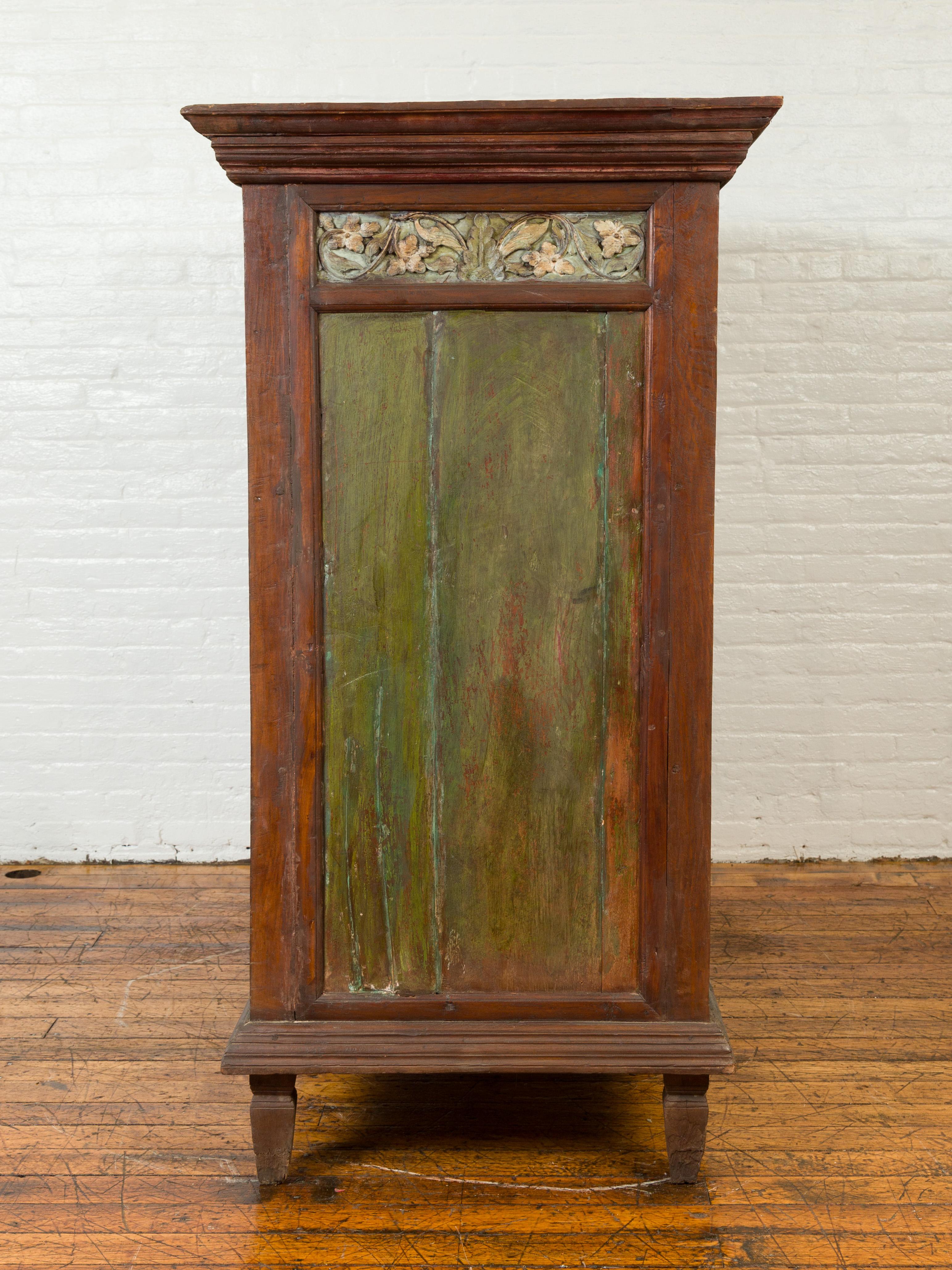 Large 19th Century Cabinet with Carved Floral Motifs and Distressed Verde Finish For Sale 8