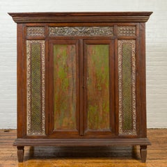 Large 19th Century Cabinet with Carved Floral Motifs and Distressed Verde Finish