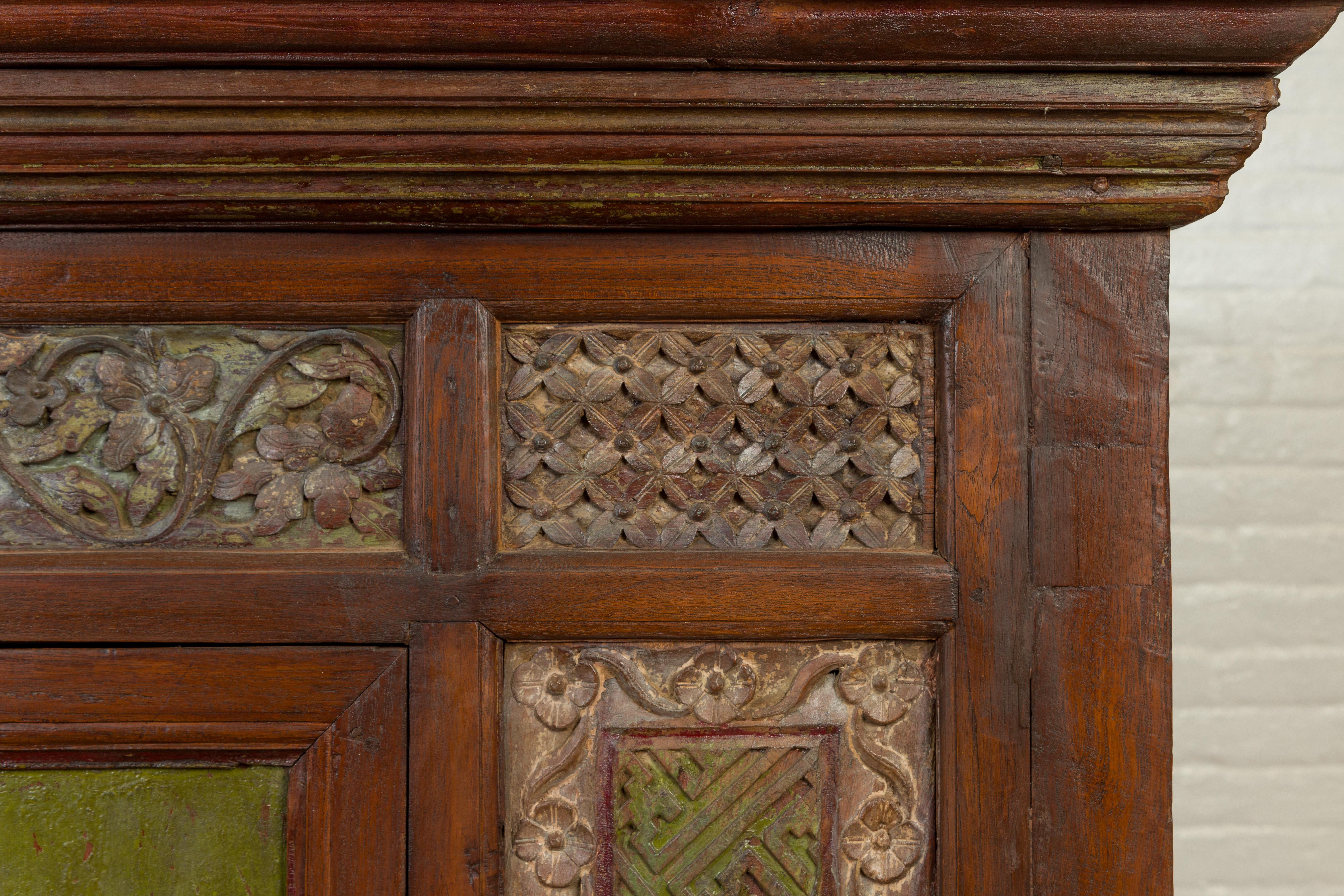Large 19th Century Cabinet with Carved Floral Motifs and Distressed Verde Finish For Sale 2