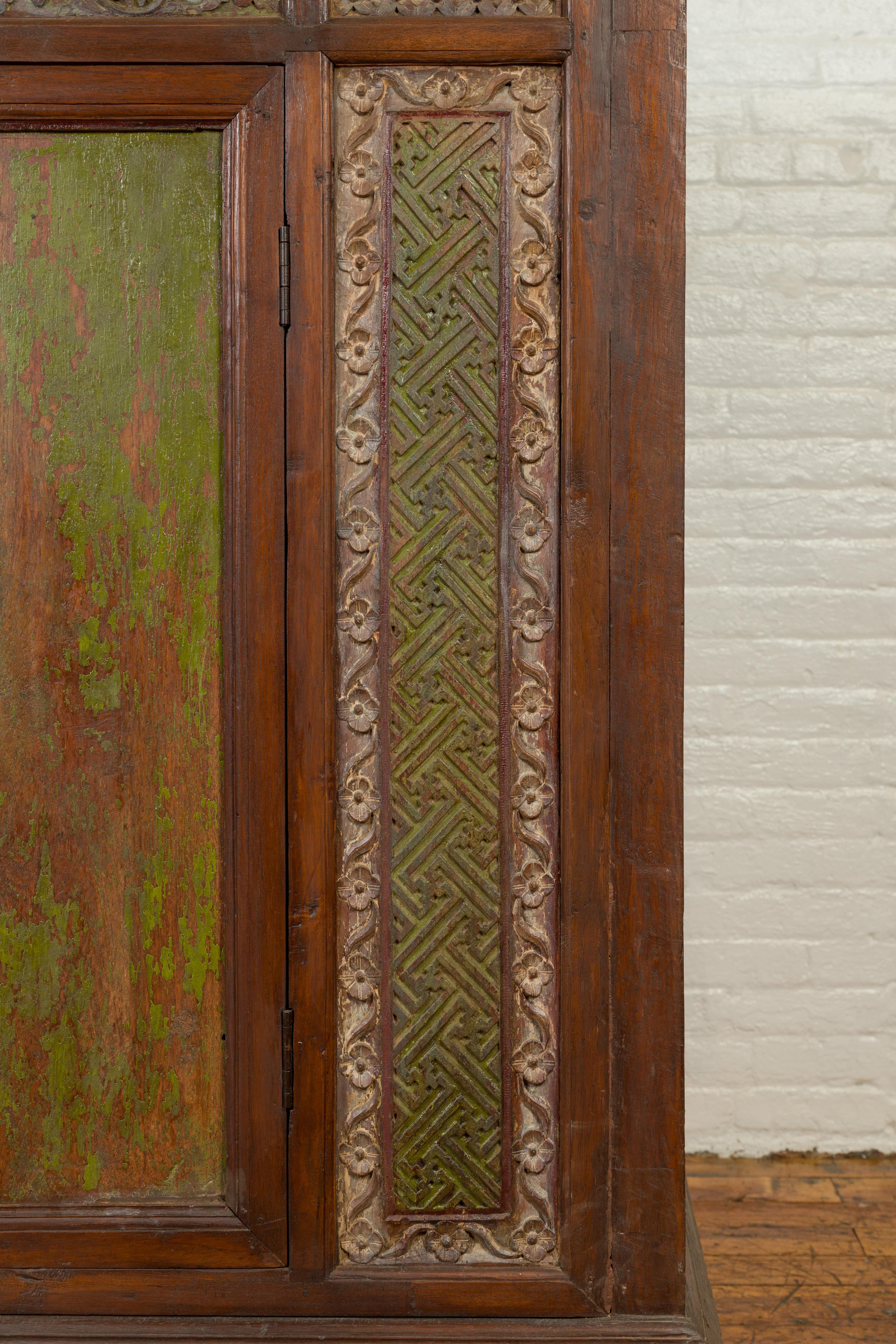 Large 19th Century Cabinet with Carved Floral Motifs and Distressed Verde Finish For Sale 3