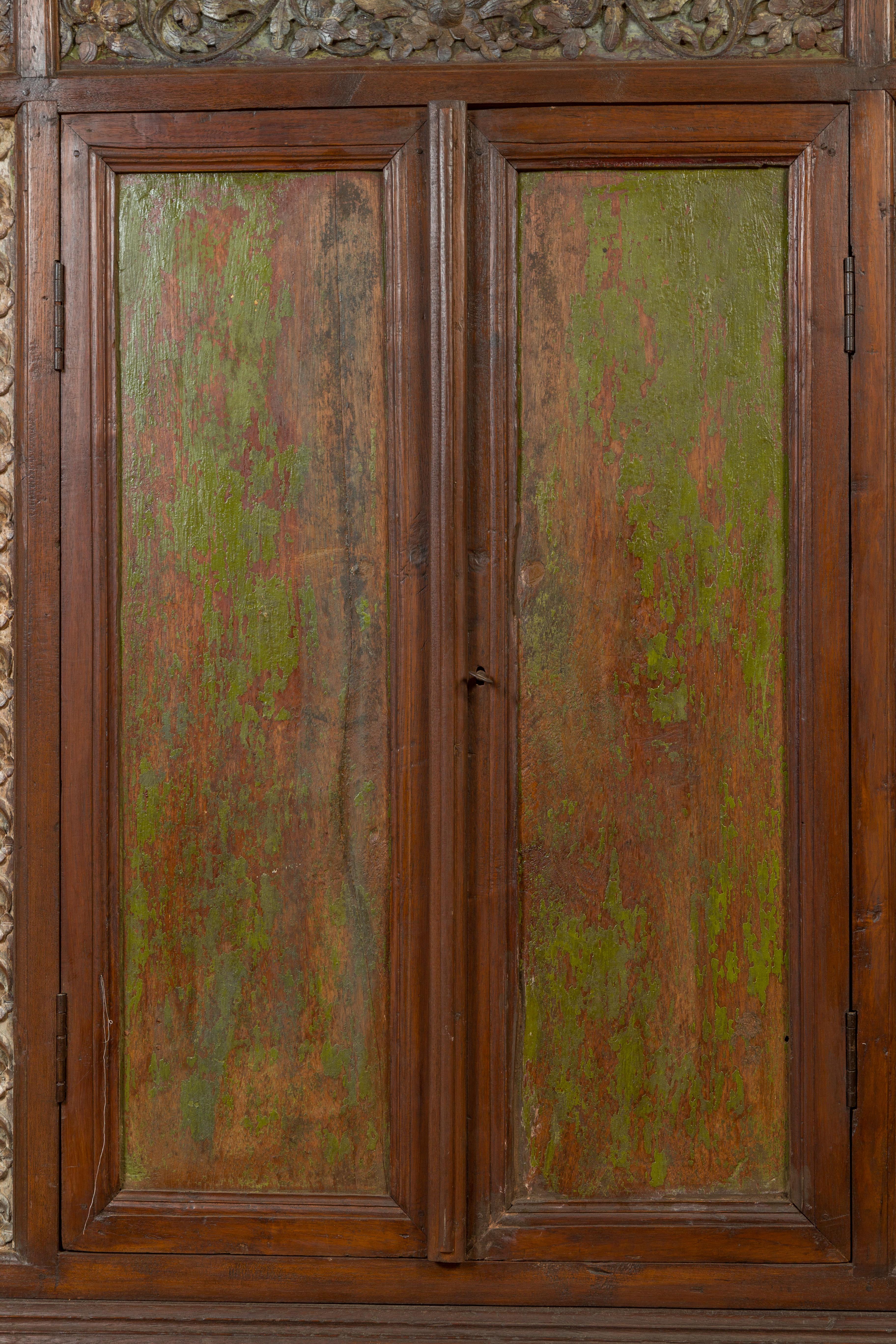 Large 19th Century Cabinet with Carved Floral Motifs and Distressed Verde Finish For Sale 4