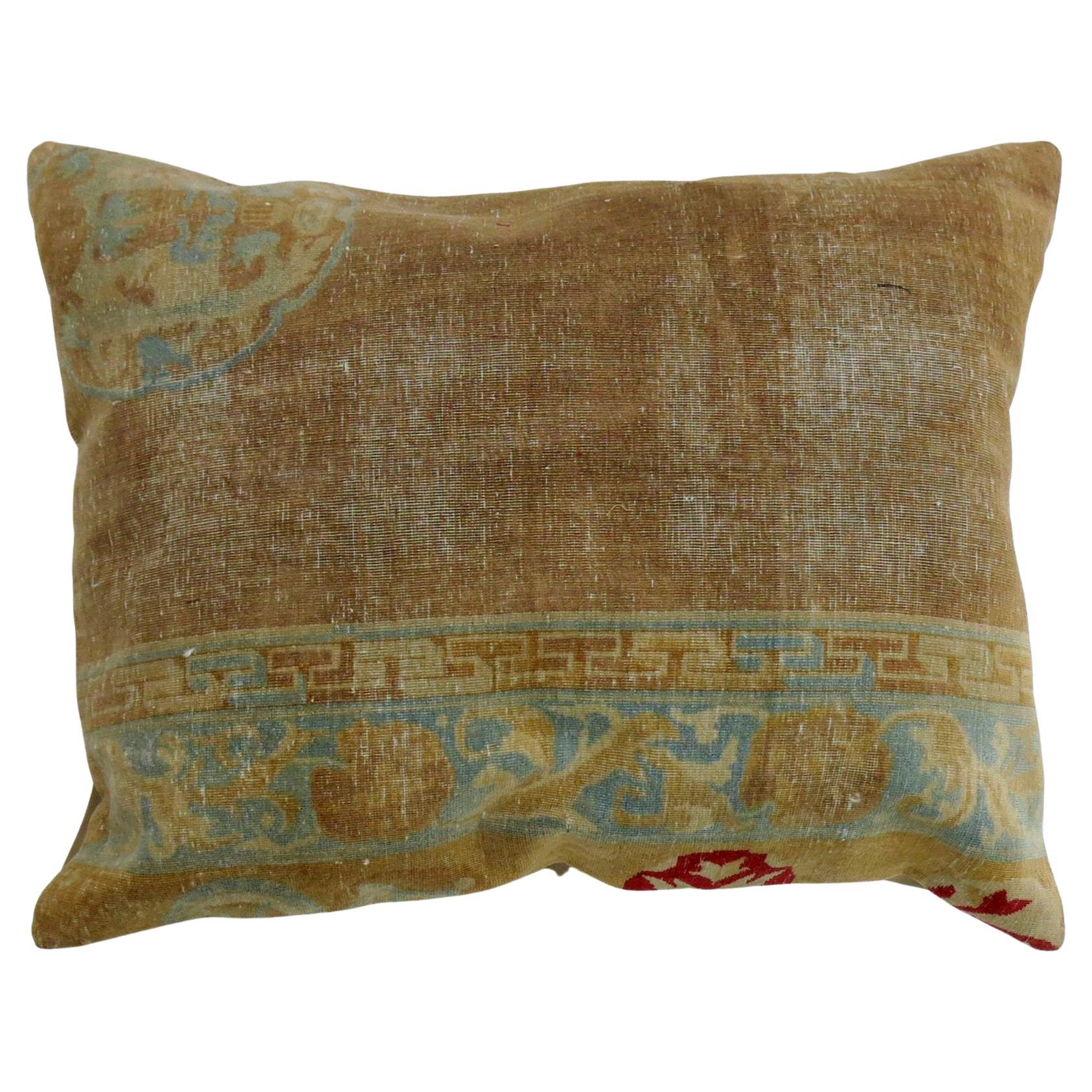 Large 19th Century Camel Soft Blue Chinese Rug Pillow For Sale