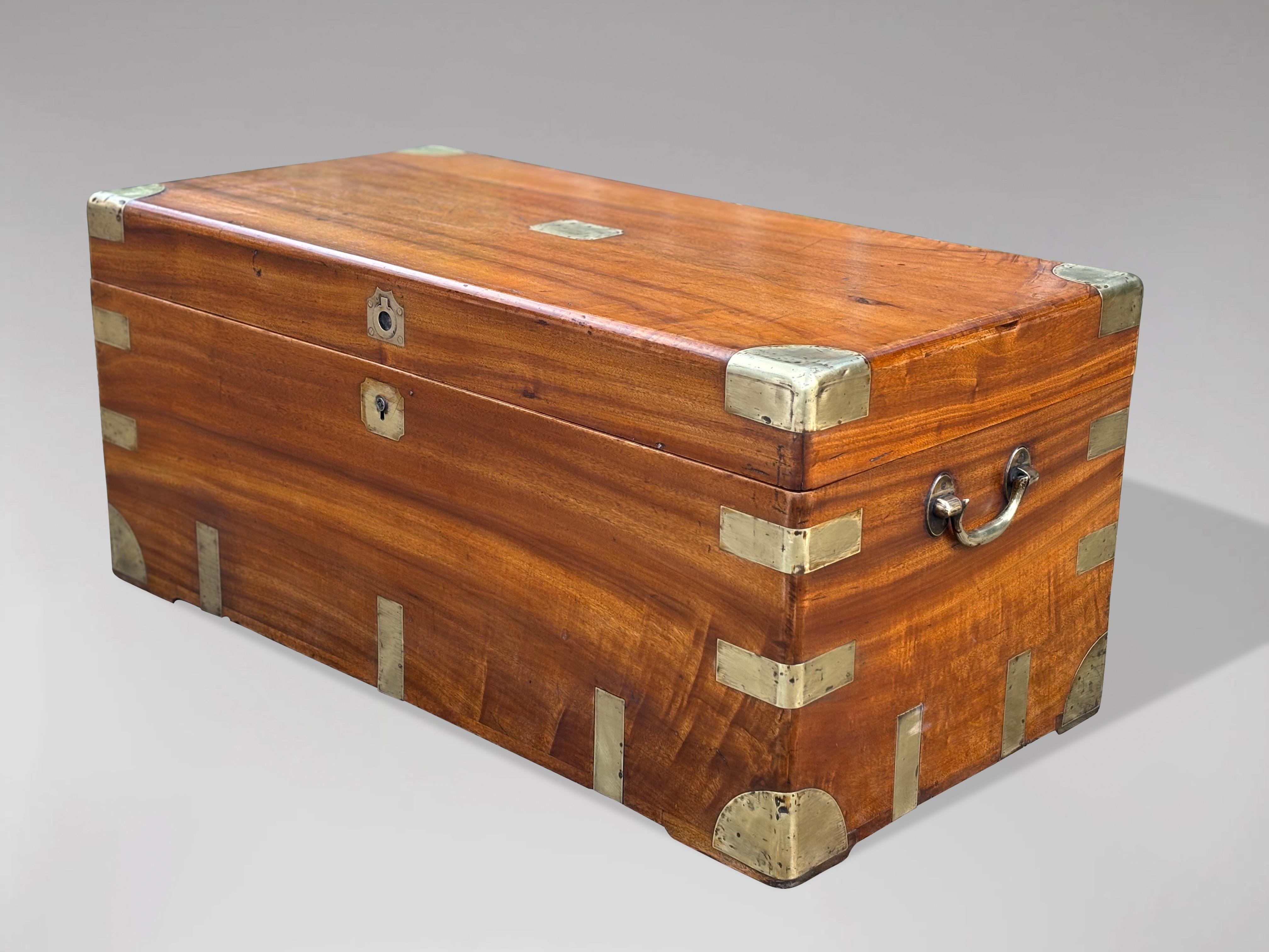 A large late 19th century camphor wood brass bound travelling chest or trunk with brass mounts and brass carrying handles. Warm rich colour and patina. Could be used as a super looking decorative coffee table. The very early timbers have a rich