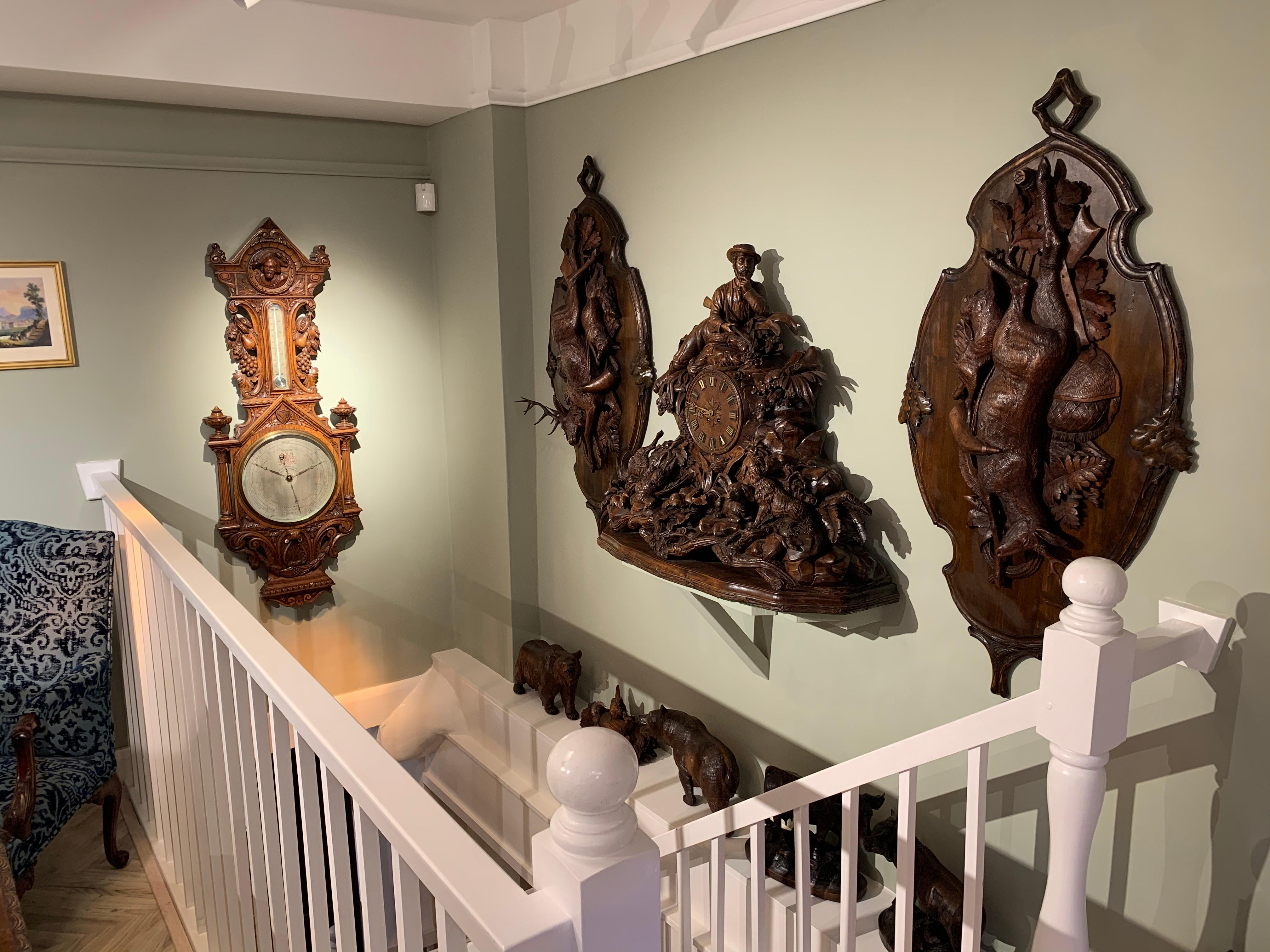 Large 19th Century Carved Black Forest Mantel Clock In Excellent Condition For Sale In London, GB