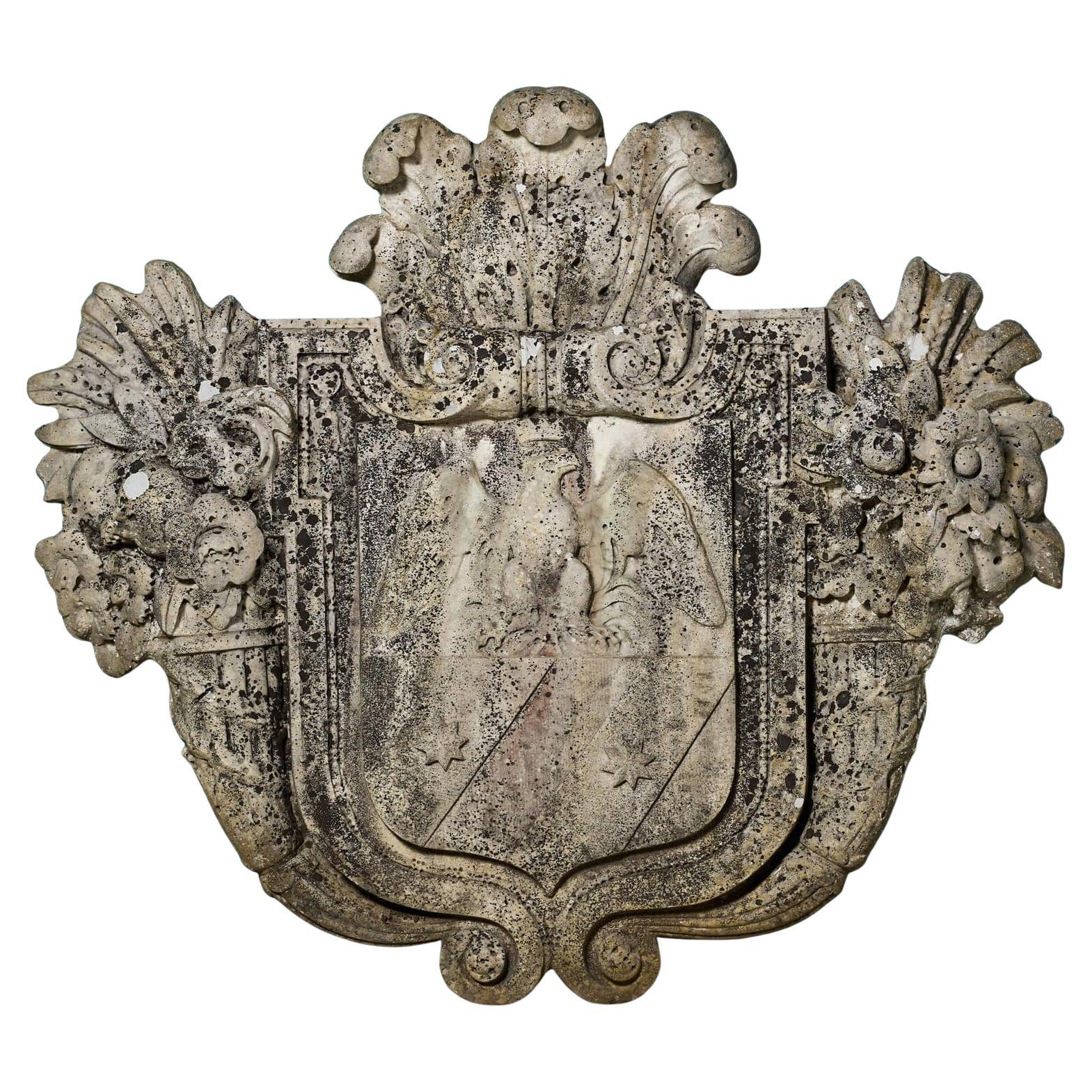 Large 19th Century Carved Carrara Marble Gibraltarian Armorial Crest