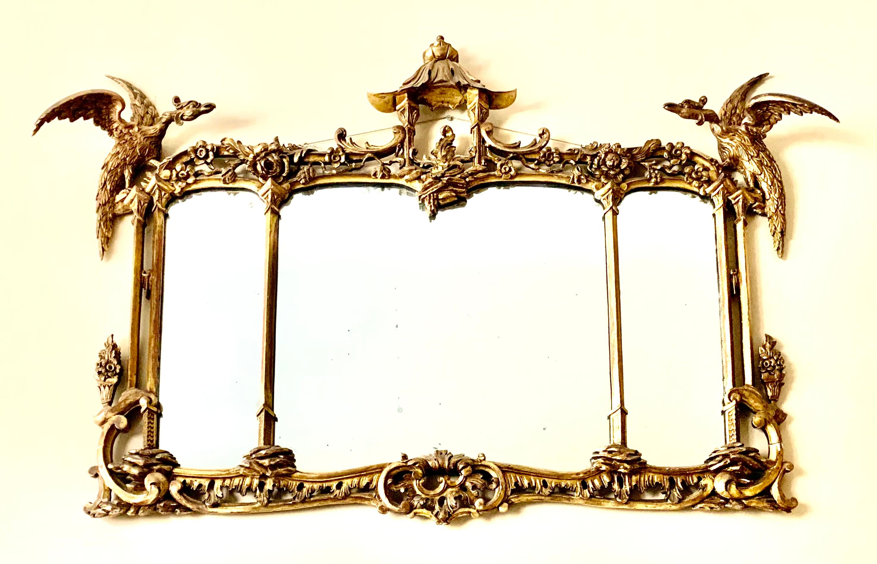 Large 19th Century Carved Giltwood Georgian Chinese Chippendale Style Mirror For Sale 5