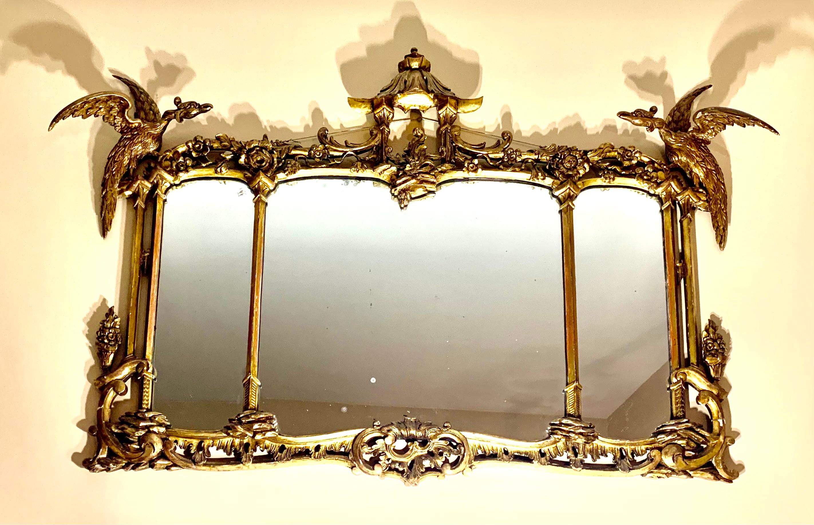 Hand-Carved Large 19th Century Carved Giltwood Georgian Chinese Chippendale Style Mirror For Sale