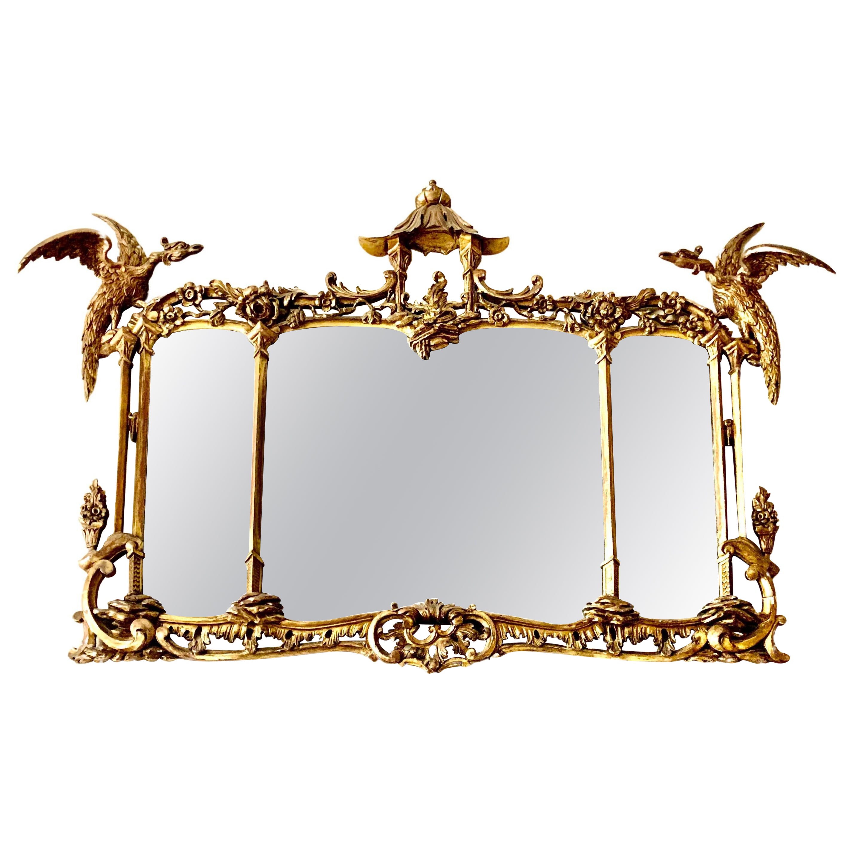 Large 19th Century Carved Giltwood Georgian Chinese Chippendale Style Mirror For Sale