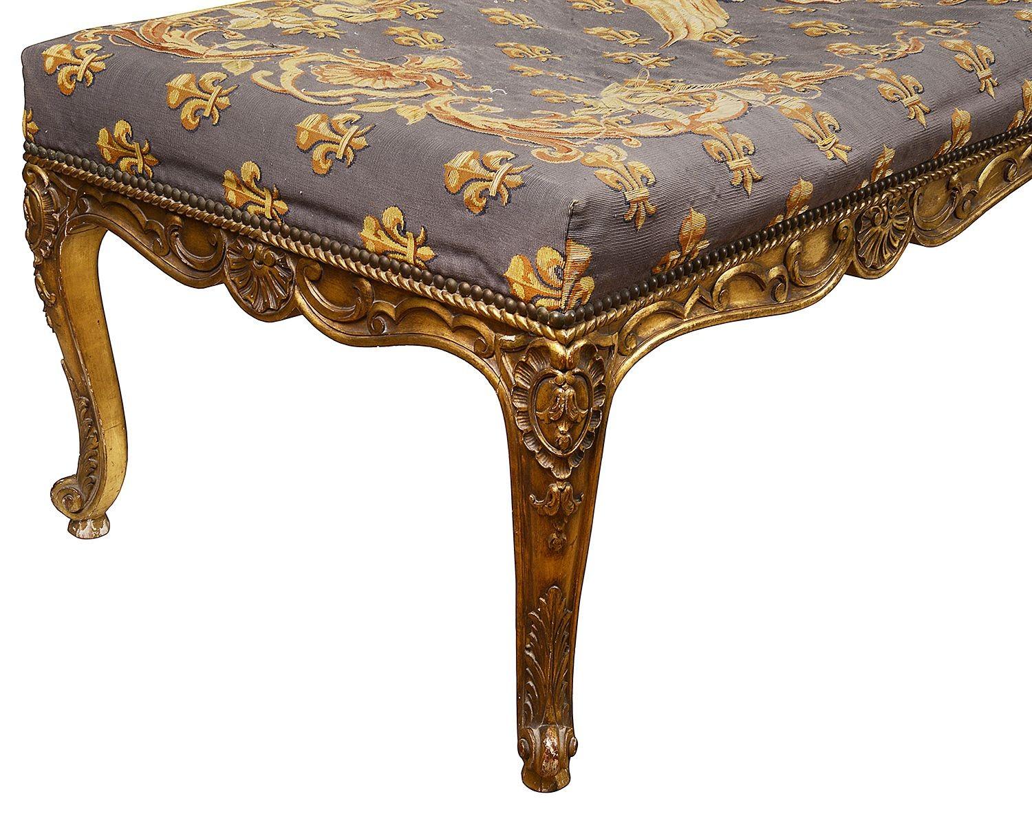 A very good quality late 19th Century Carved gilt wood Cabriole leg stool, with classical tapestry fabric.