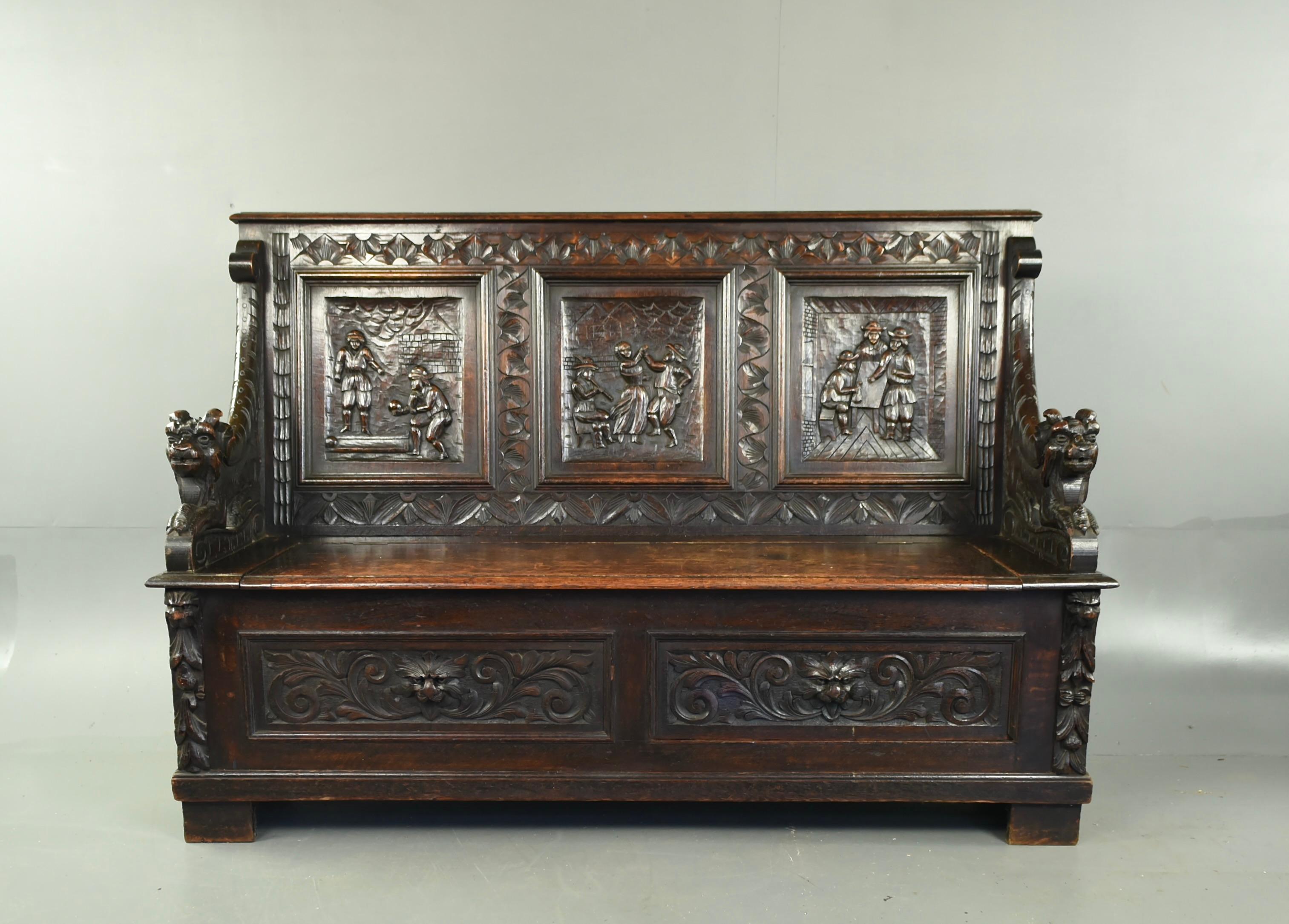 Baroque Revival Large 19th century carved oak bench