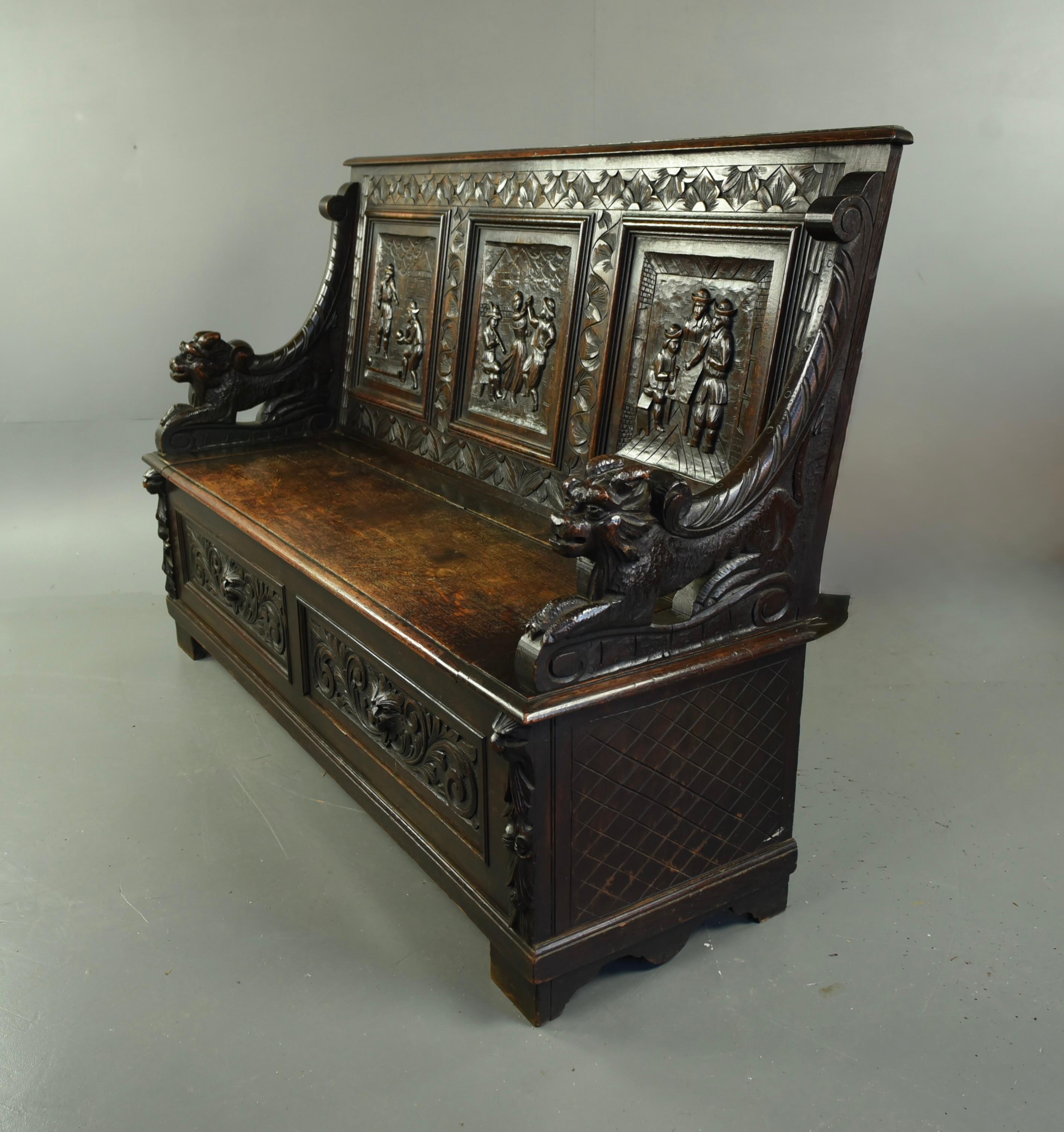English Large 19th century carved oak bench
