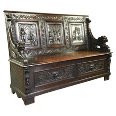 Antique Large 19th century carved oak bench