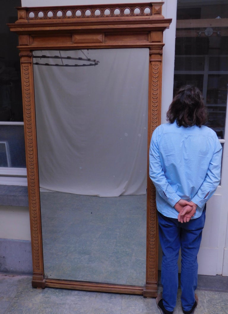 Large 19th Century Carved Oak Standing Mirror with Columns For Sale at