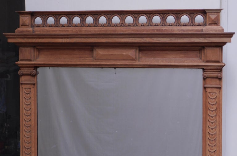 Large 19th Century Carved Oak Standing Mirror with Columns For Sale at