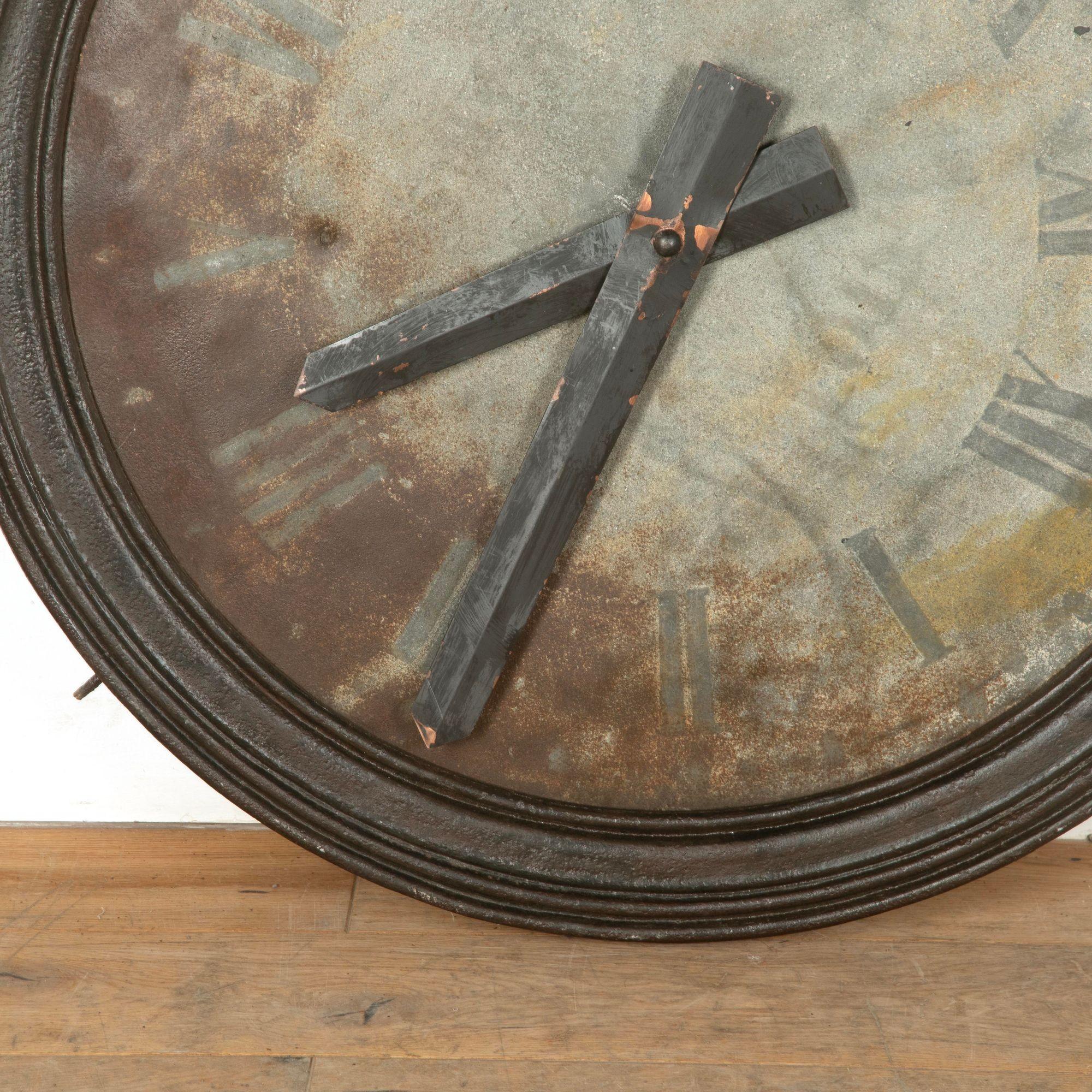 Stunning large 19th Century French tower clock face made of cast iron.
The face has lovely old worn paint giving a great decorative look.
Fitted with later metal hands.
This clock is not working and is sold as a decorative piece.