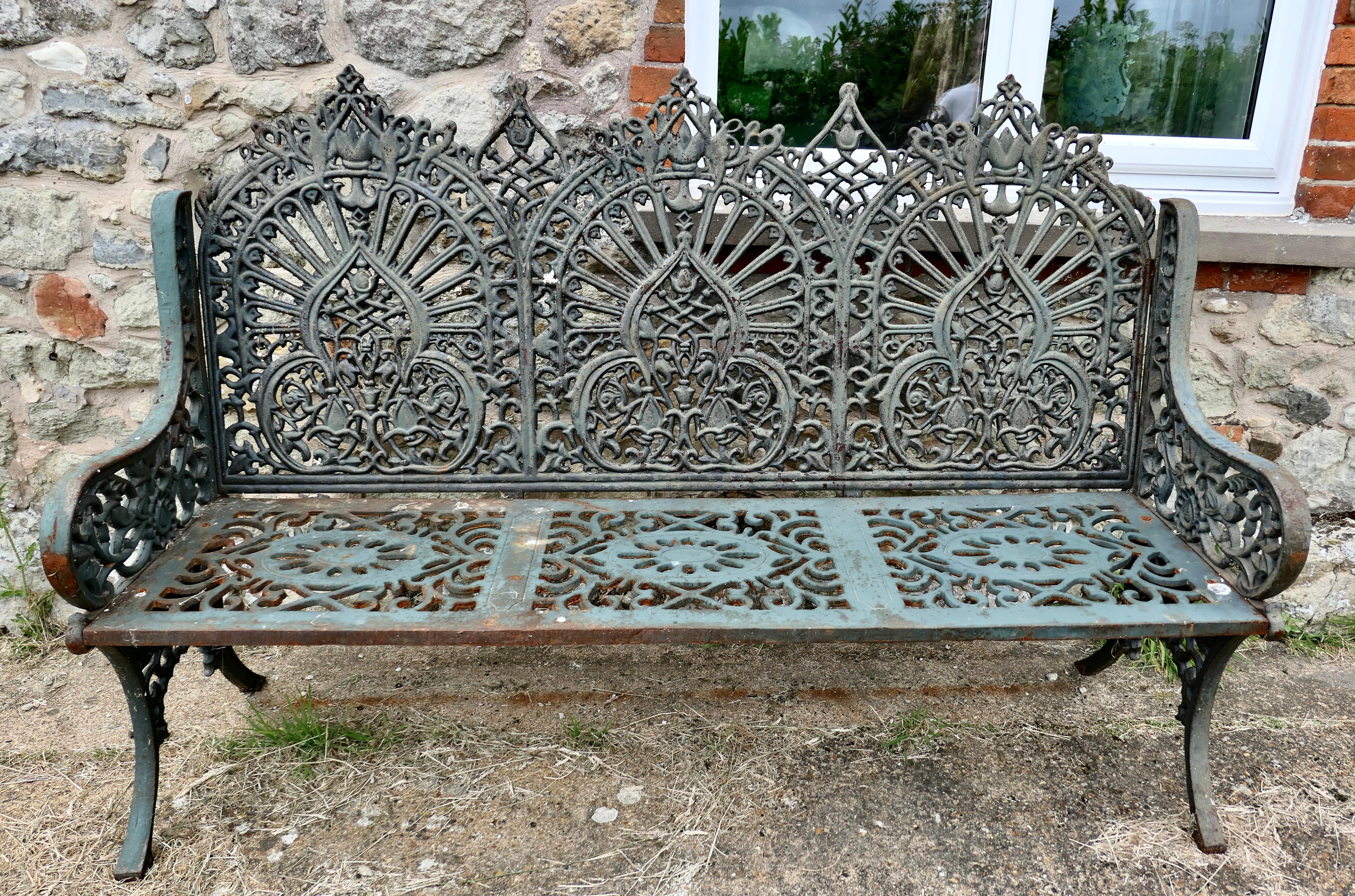 Adam Style Large 19th Century Cast Iron Garden Bench 3 Seat  For Sale