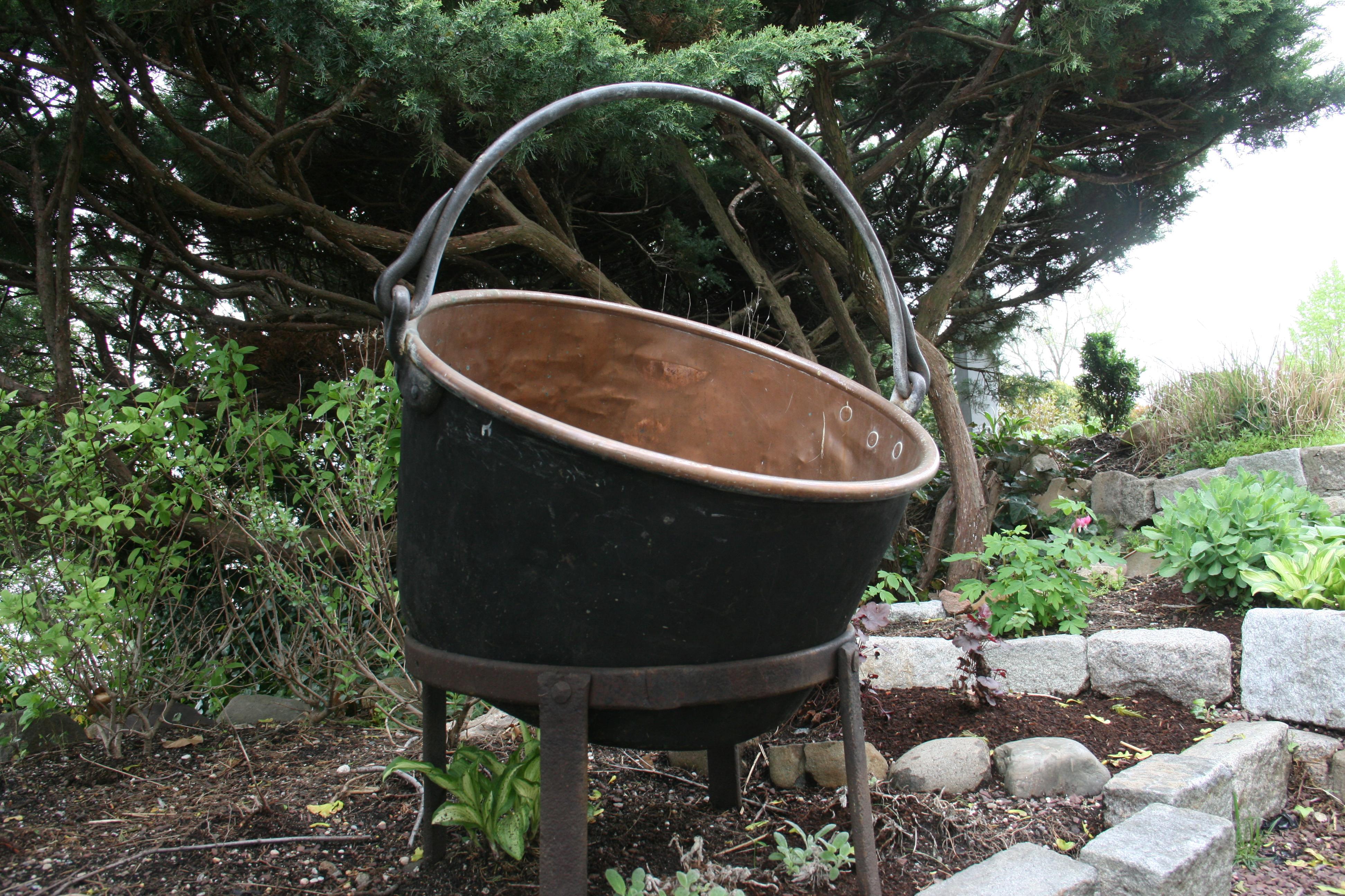 Large Copper  19th Century Cauldron Pot on Iron Base/Planter/Log Bin For Sale 6
