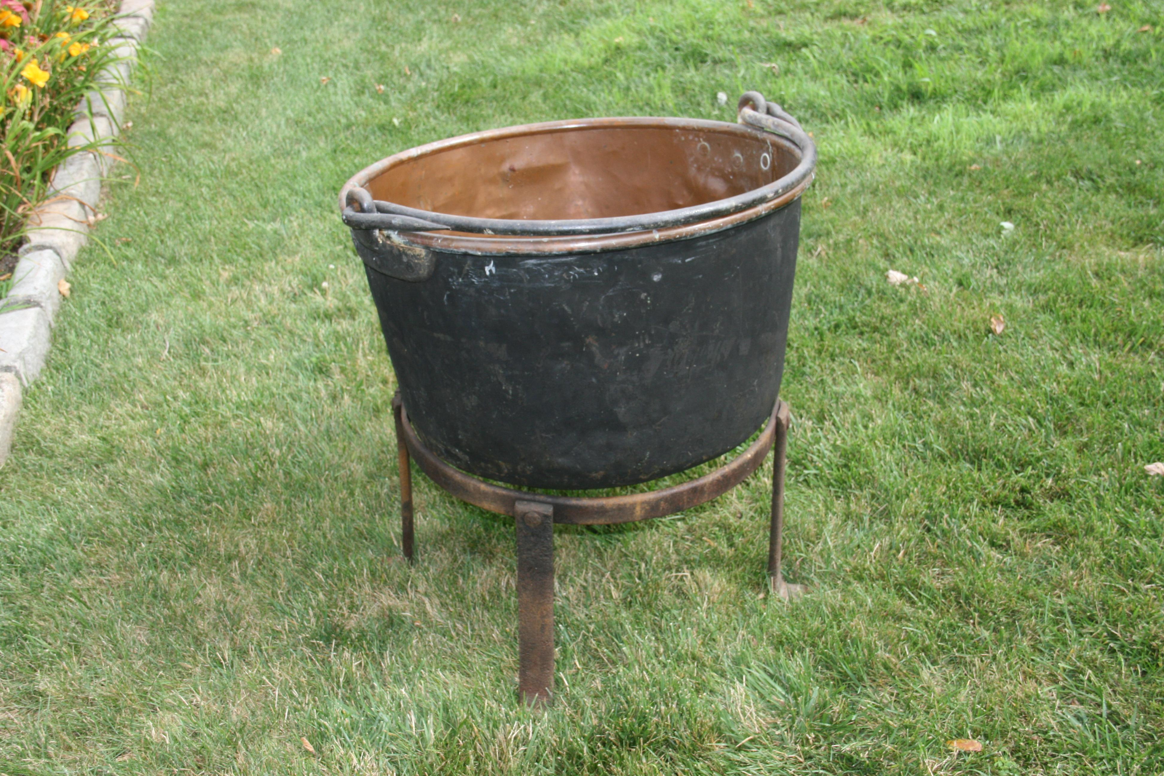 Large Copper  19th Century Cauldron Pot on Iron Base/Planter/Log Bin For Sale 7