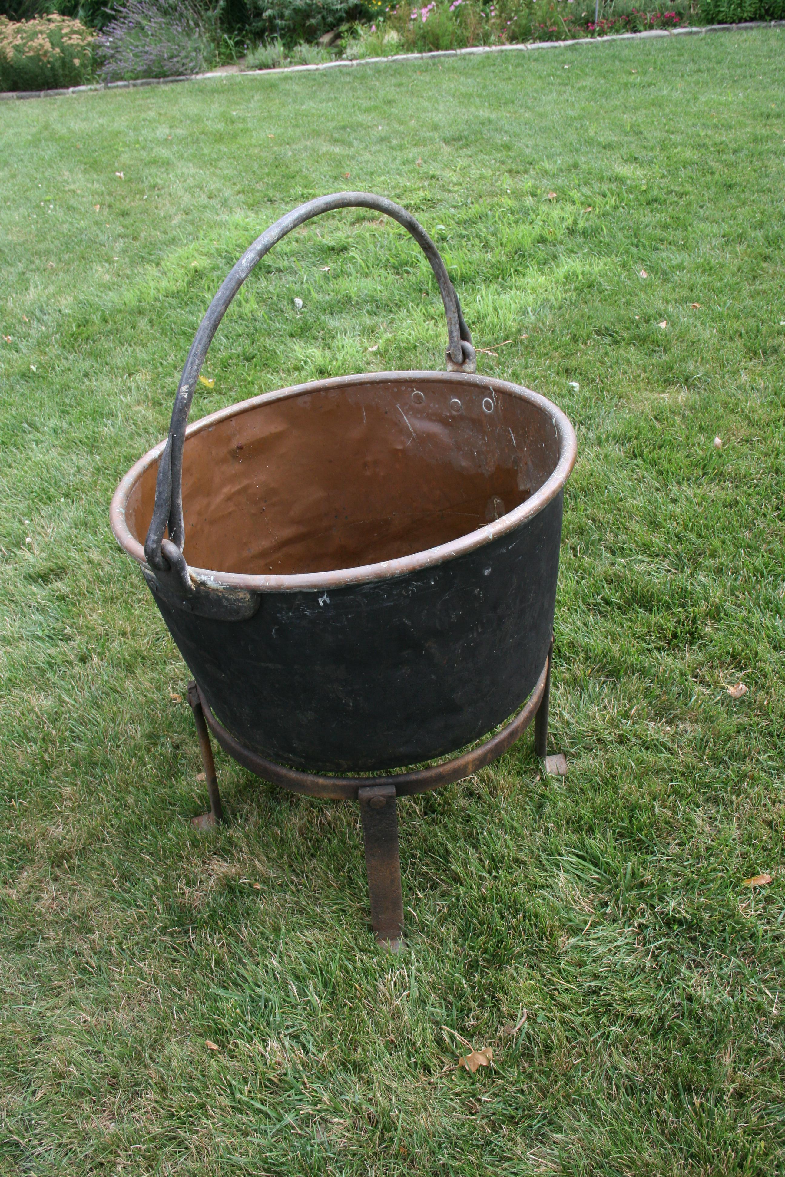 Large Copper  19th Century Cauldron Pot on Iron Base/Planter/Log Bin For Sale 8