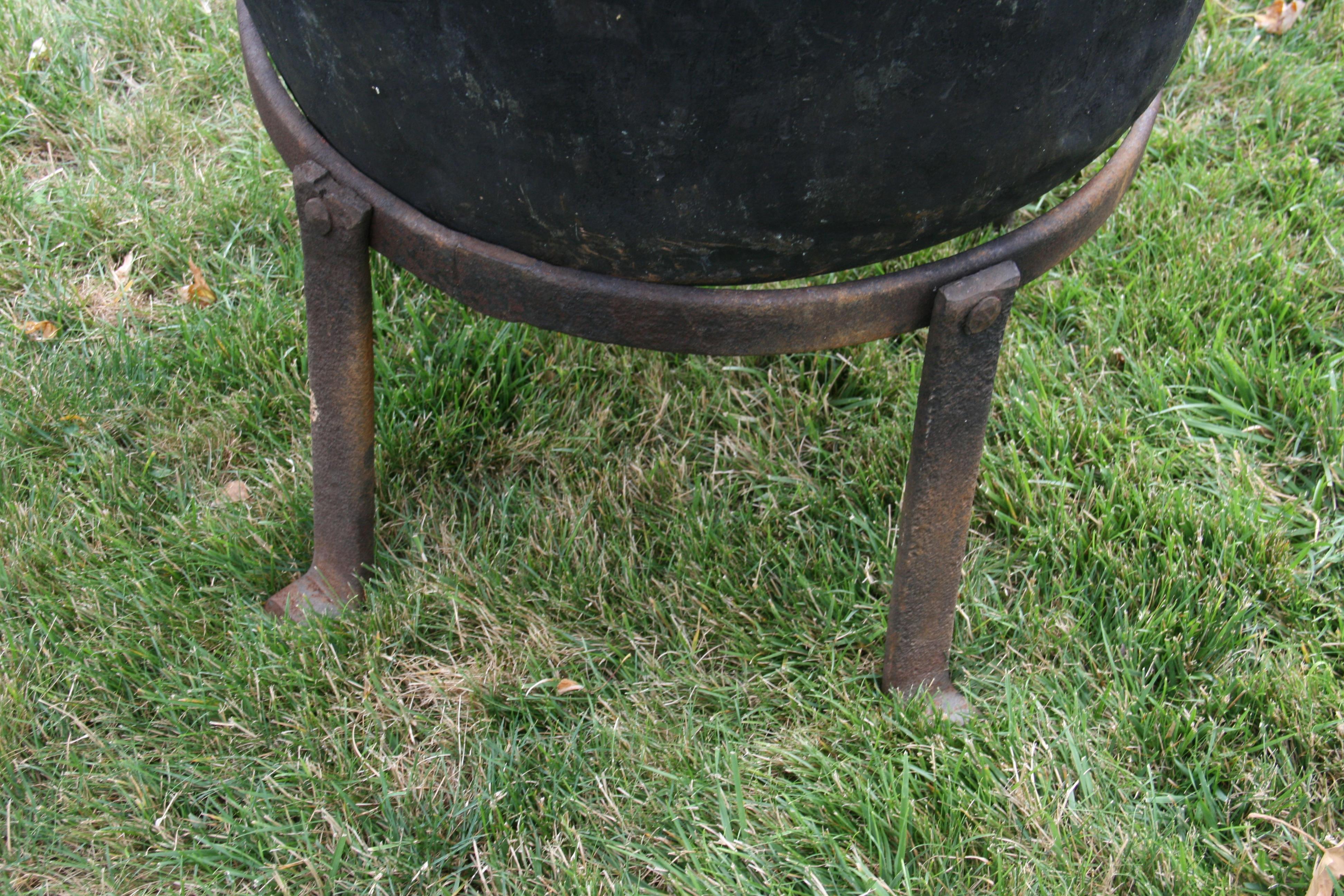 Large Copper  19th Century Cauldron Pot on Iron Base/Planter/Log Bin For Sale 11