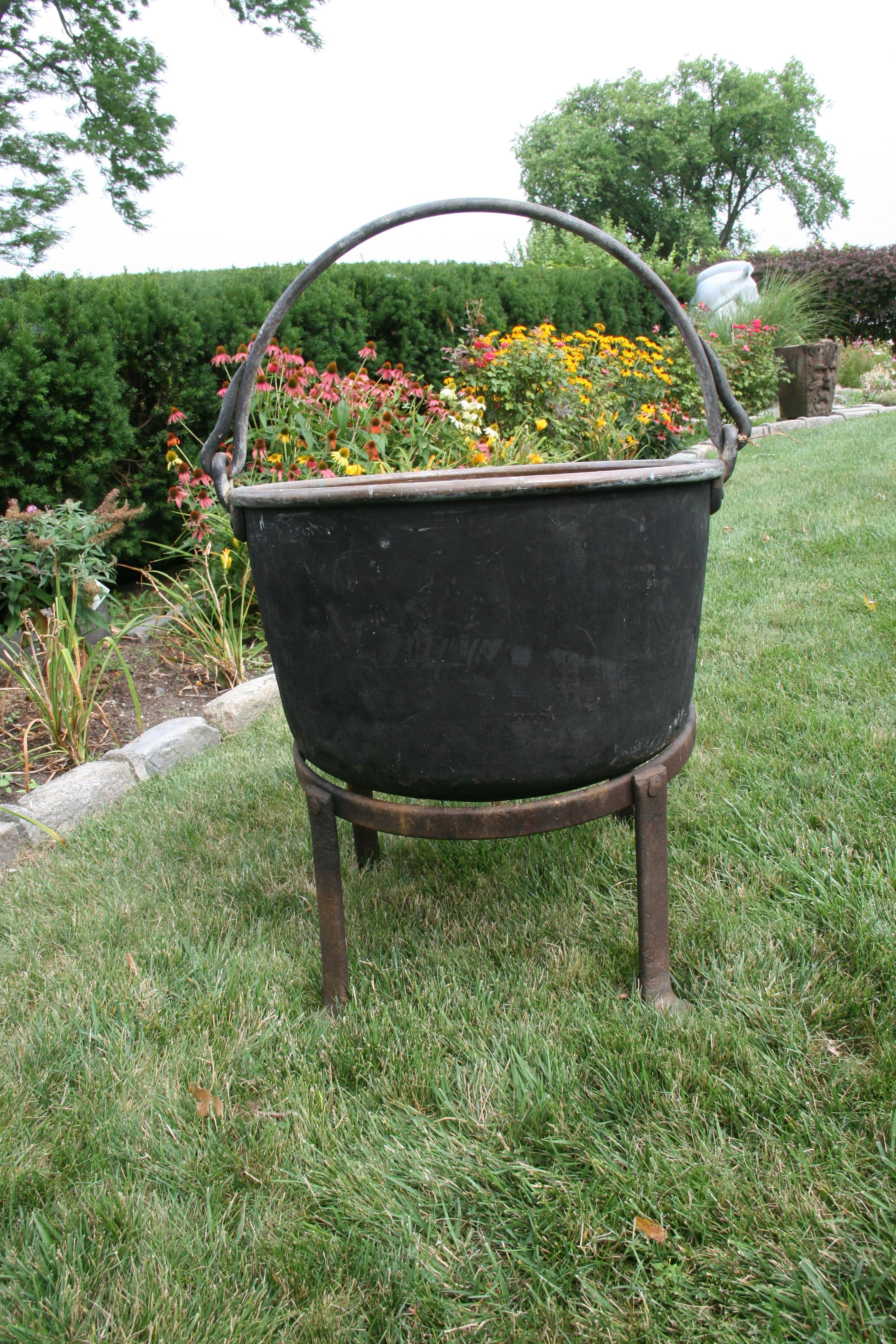 Large Copper  19th Century Cauldron Pot on Iron Base/Planter/Log Bin For Sale 13