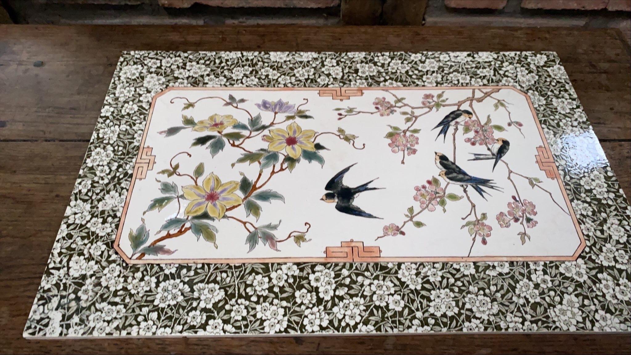 Large 19th century ceramic plaque with birds & flowers.
Japonist period.
Possibly Sarreguemines unsigned.