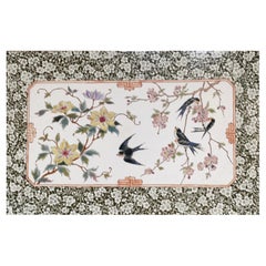 Antique Large 19th Century Ceramic Plaque with Swallows & Flowers