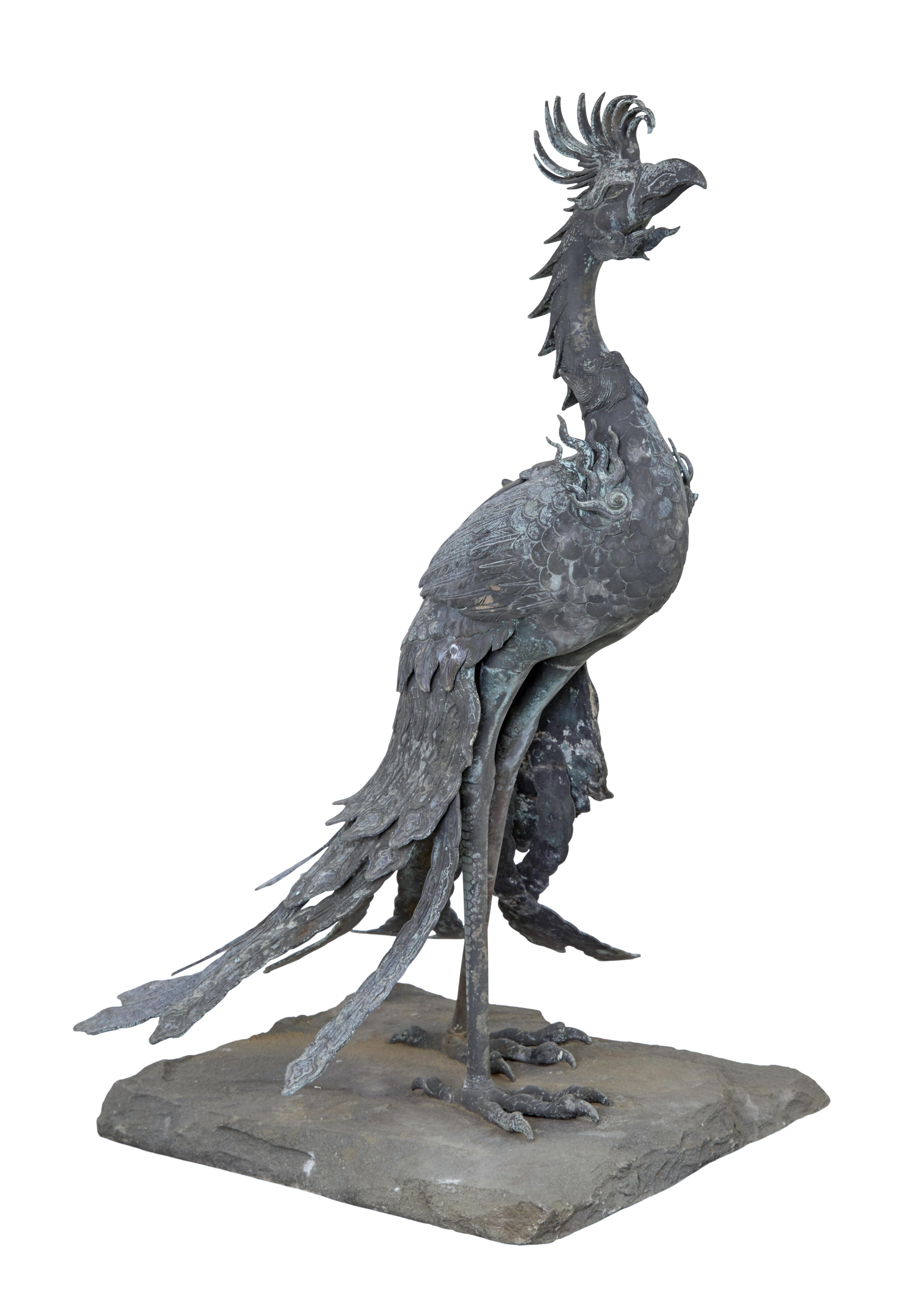 Large 19th century Chinese bronze fenghuang bird incense burner, circa 1870.

The Fenghuang bird is a mythical creature that reigns over all other birds. Known as a ho oh in Japanese culture and more commonly known as the phoenix in western