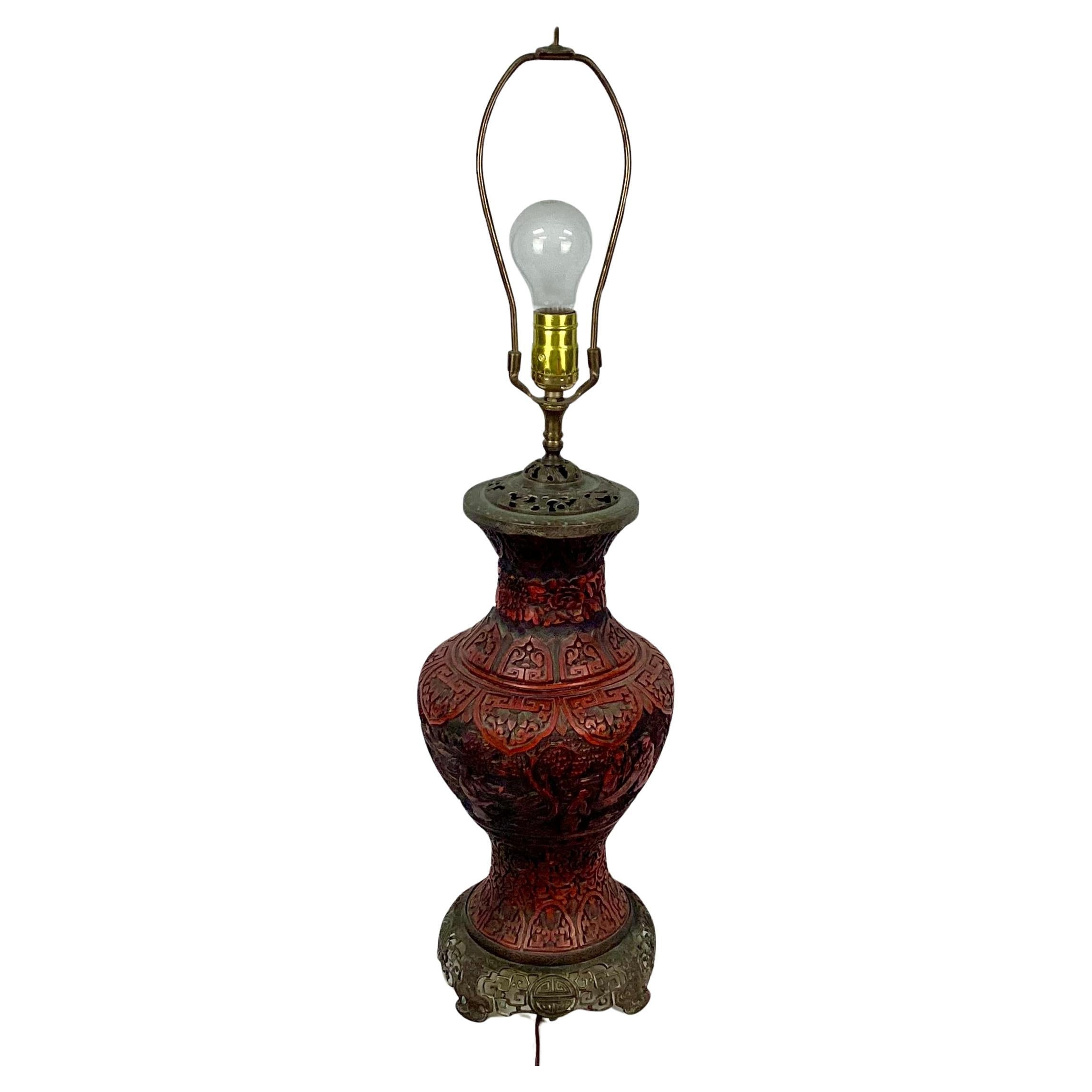 Lacquer Large 19th Century Chinese Carved Cinnabar Vase as Table Lamp
