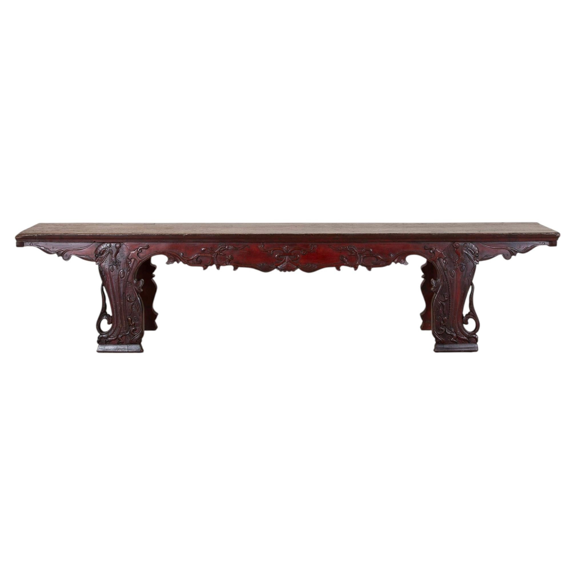 Large 19th Century Chinese Carved Hardwood Bench For Sale