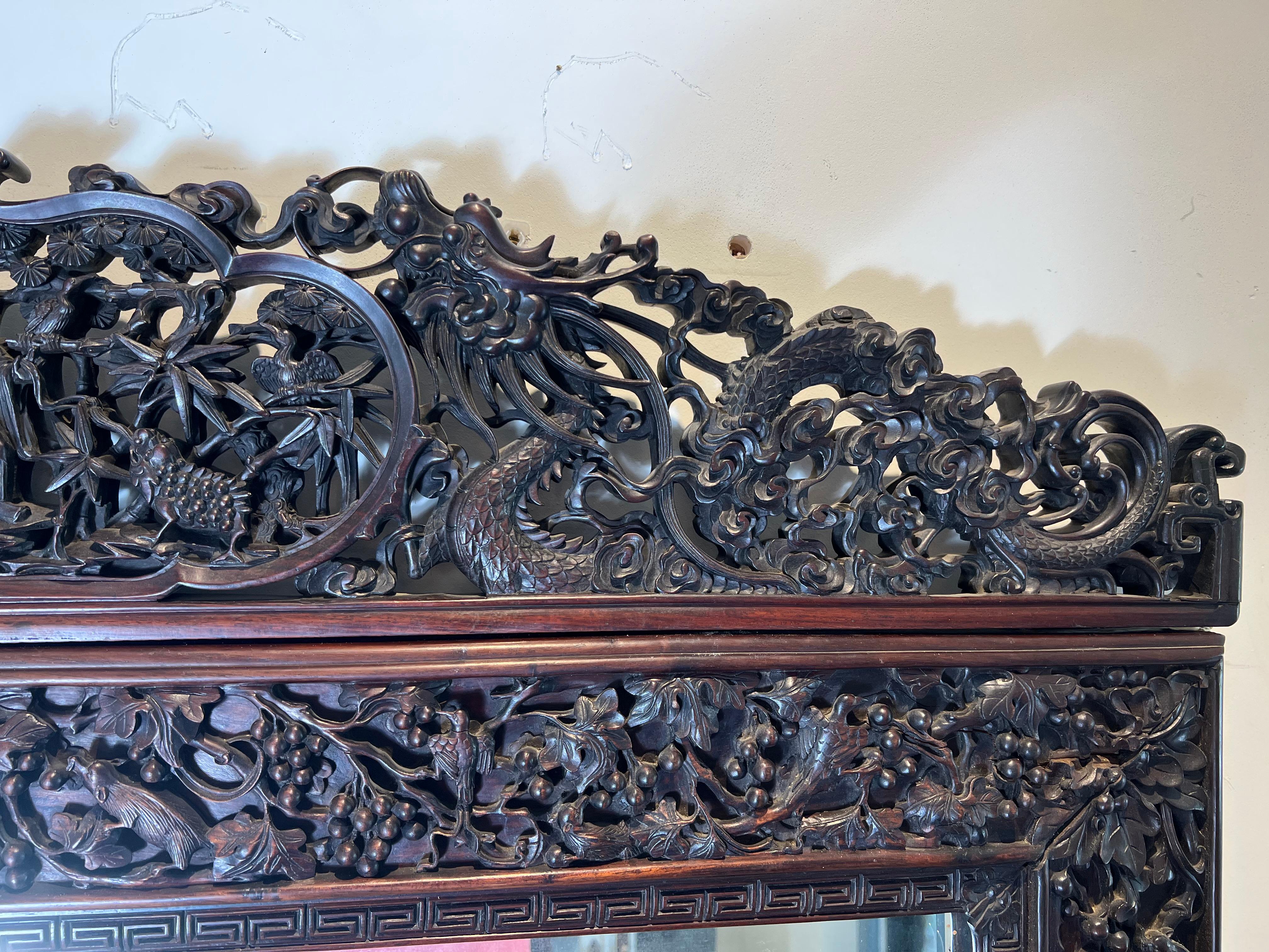 Large 19th Century Chinese Carved Rosewood Mirror For Sale 1