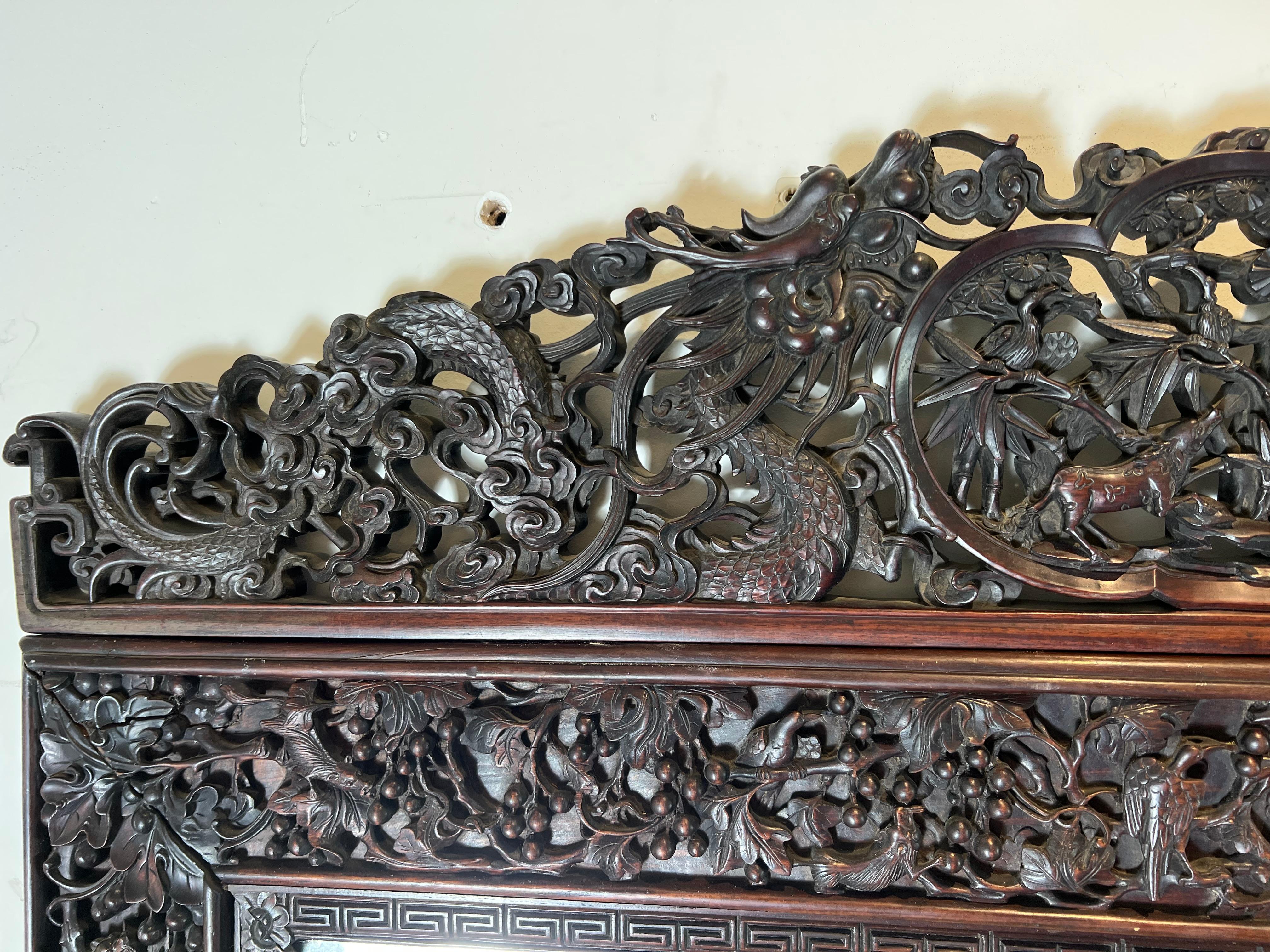 Large 19th Century Chinese Carved Rosewood Mirror For Sale 2
