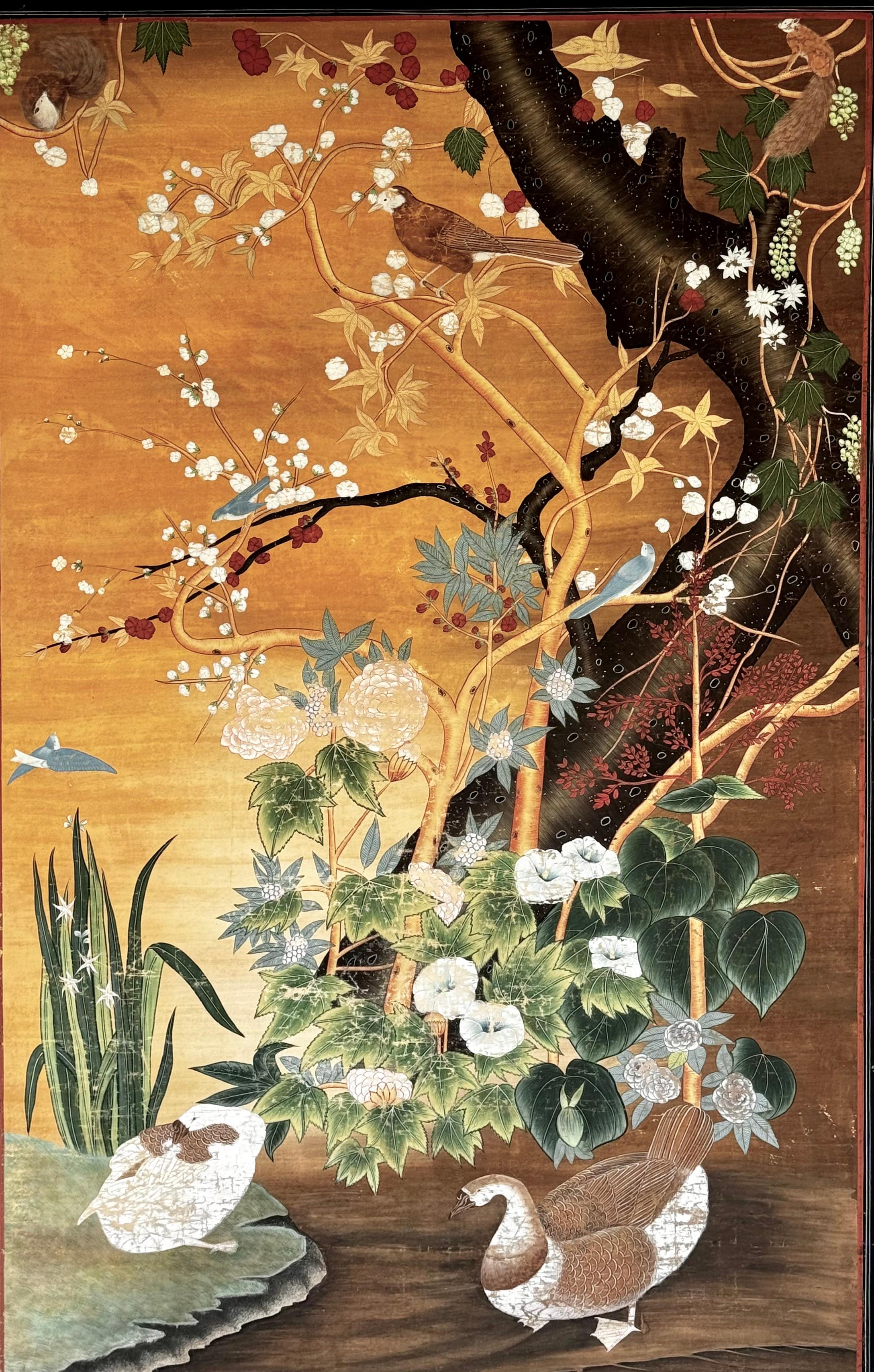  This stunning large 19th century Chinese wallpaper painted panel is sure to add plenty of character to any setting. Panel is of a ornithelogical nature scene depicting flowering cherry blossom tree, exotic birds and other flora and fauna. Painting