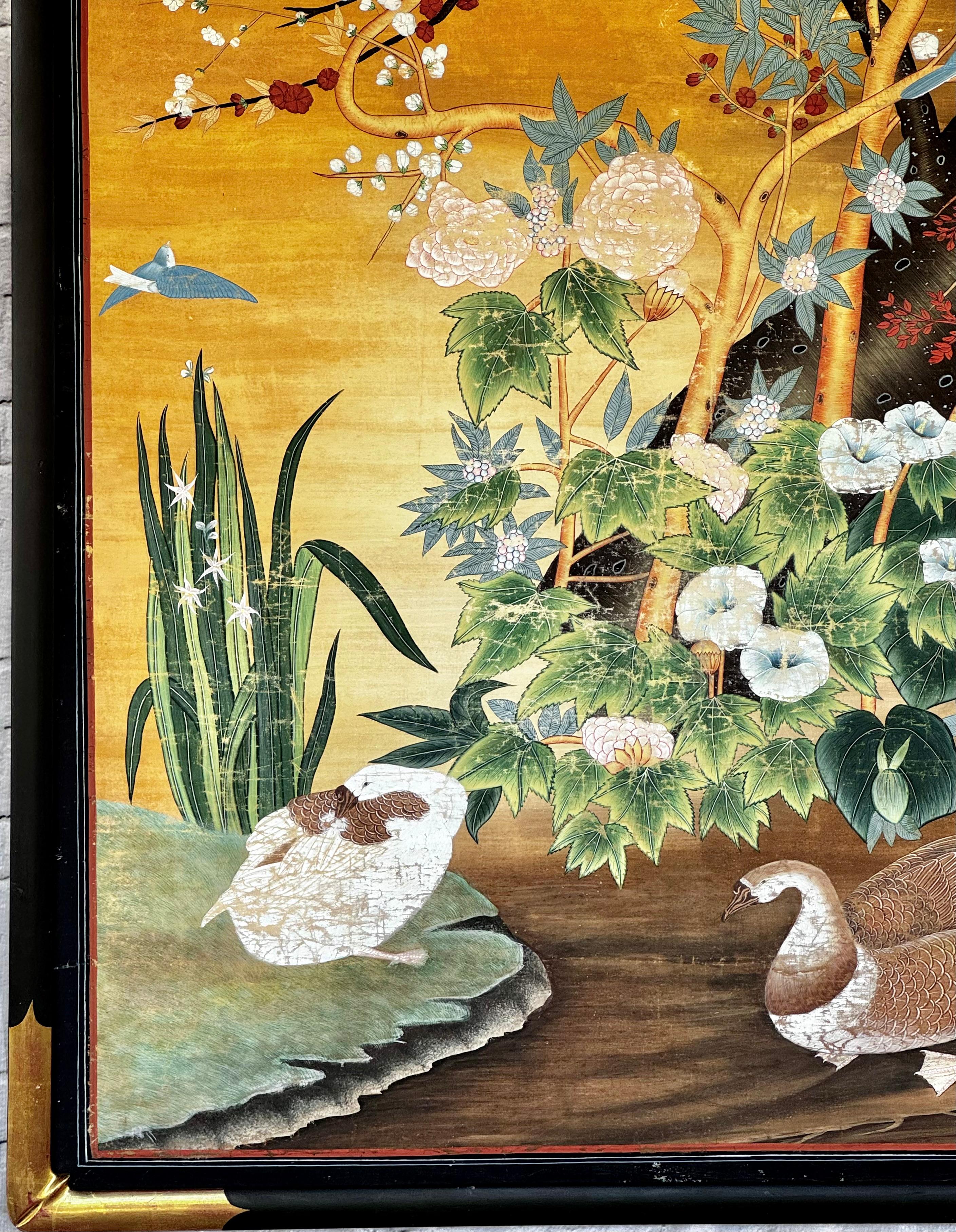 Large 19th Century Chinese Hand Painted Nature Wallpaper Panel In Good Condition In Bradenton, FL