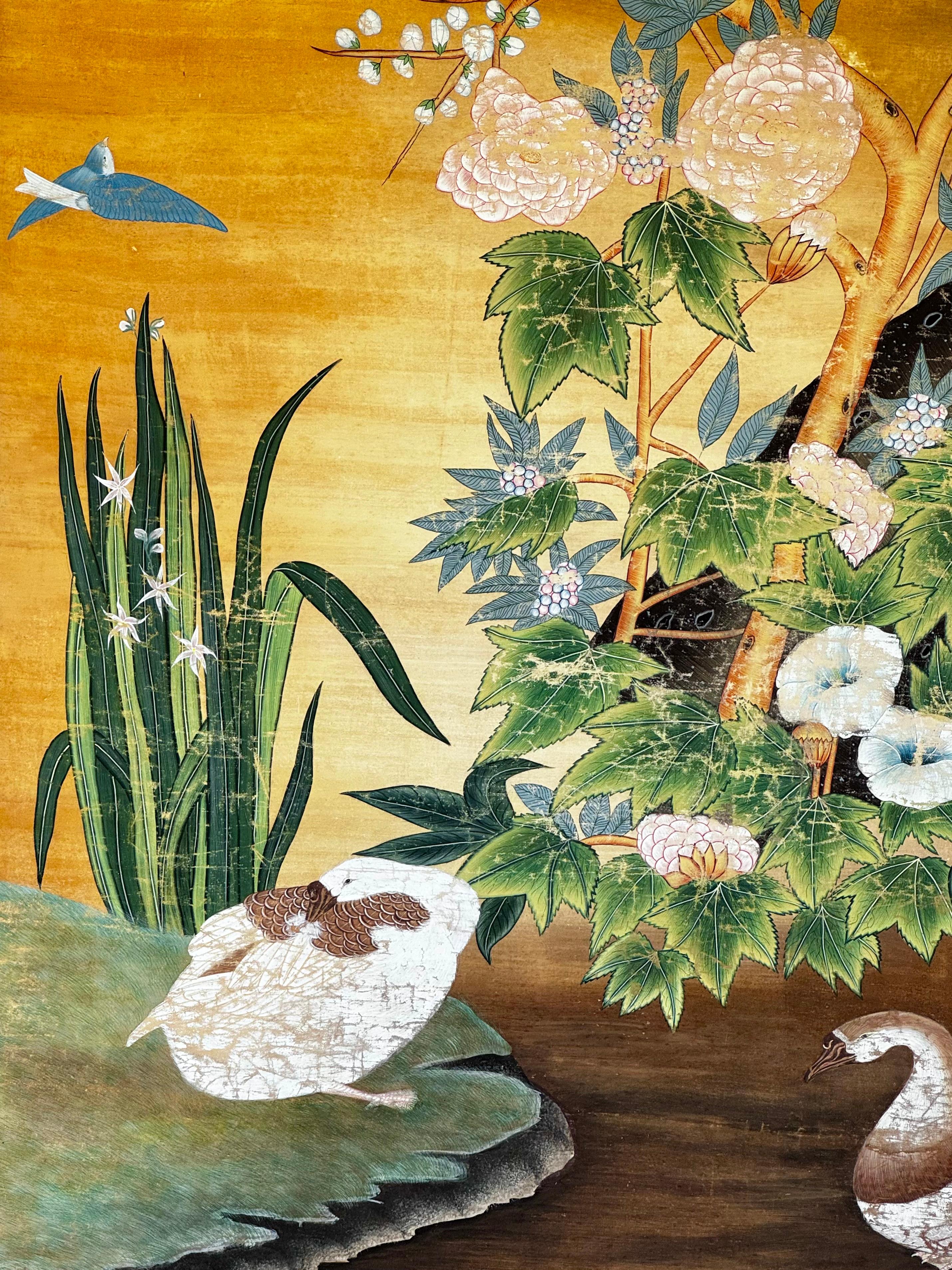 Large 19th Century Chinese Hand Painted Nature Wallpaper Panel 3