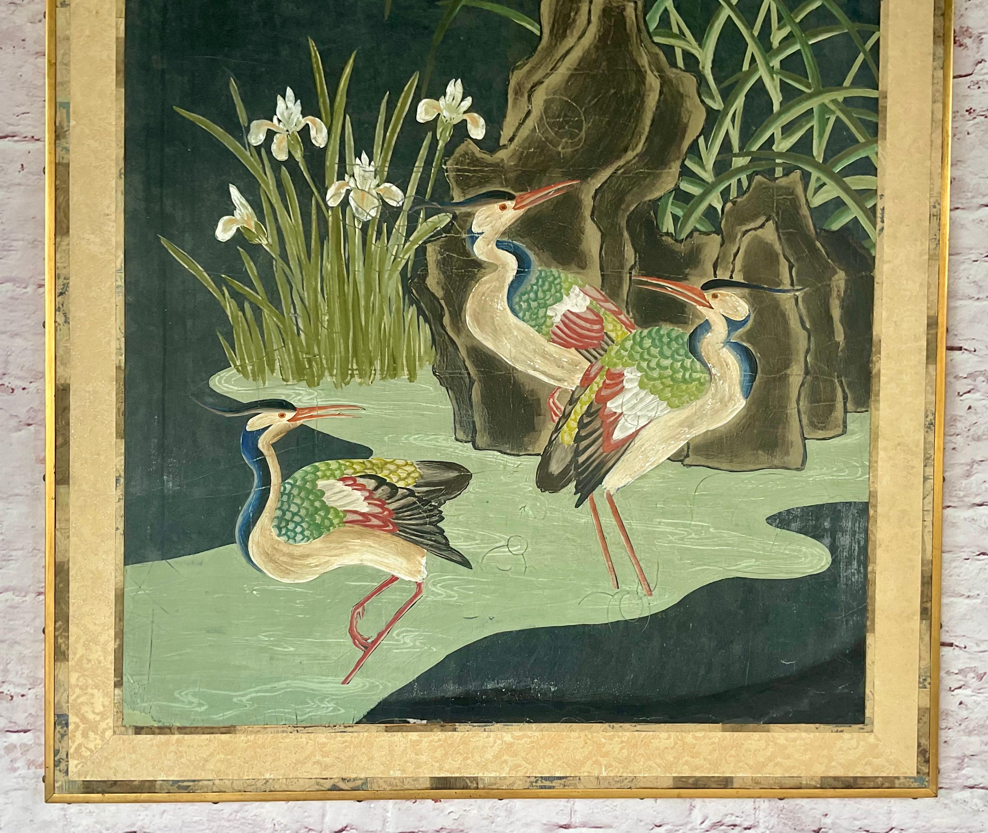 Grands panneaux de papier peint chinois du 19e siècle peints à la main et représentant la nature en vente 2