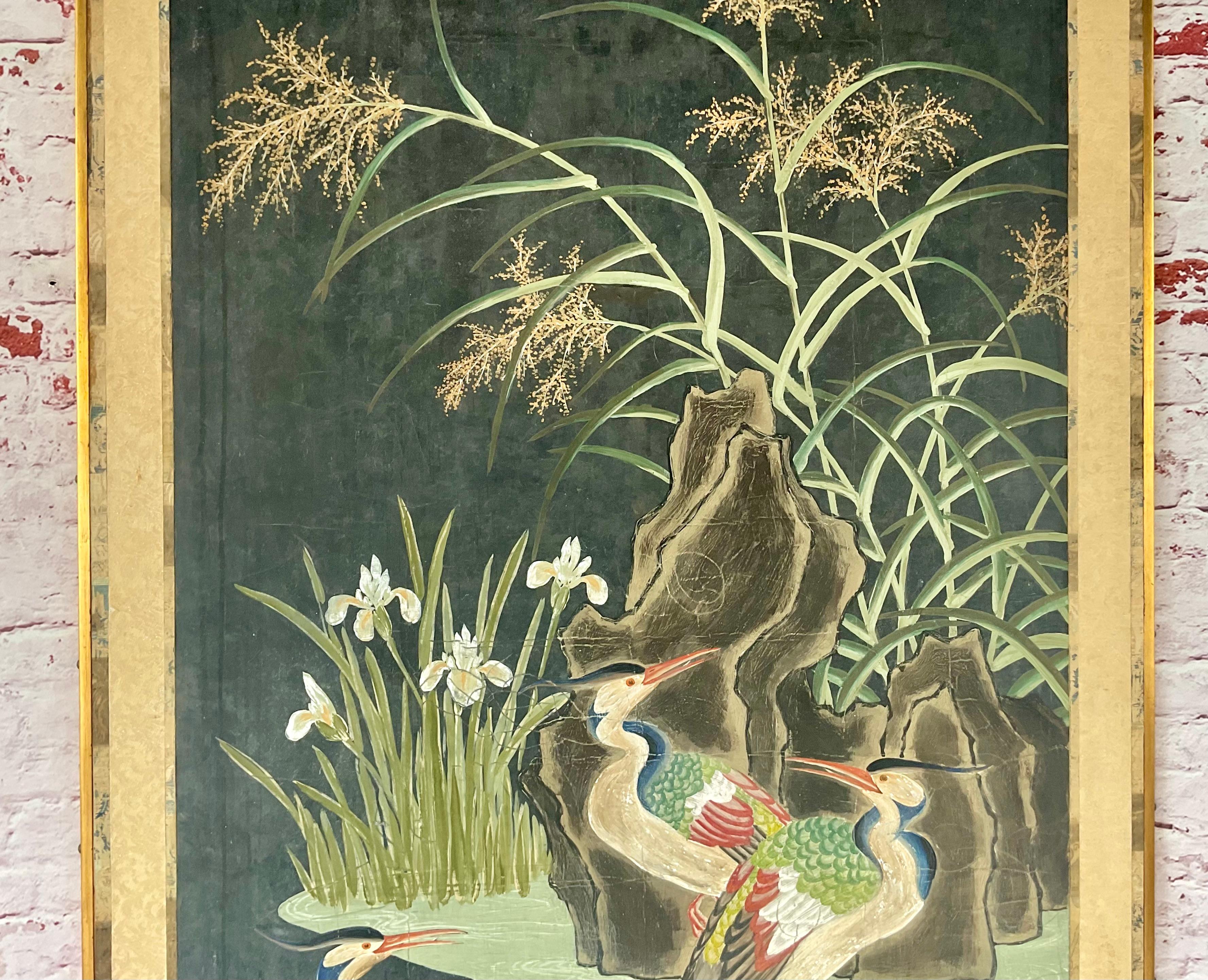 Grands panneaux de papier peint chinois du 19e siècle peints à la main et représentant la nature en vente 3