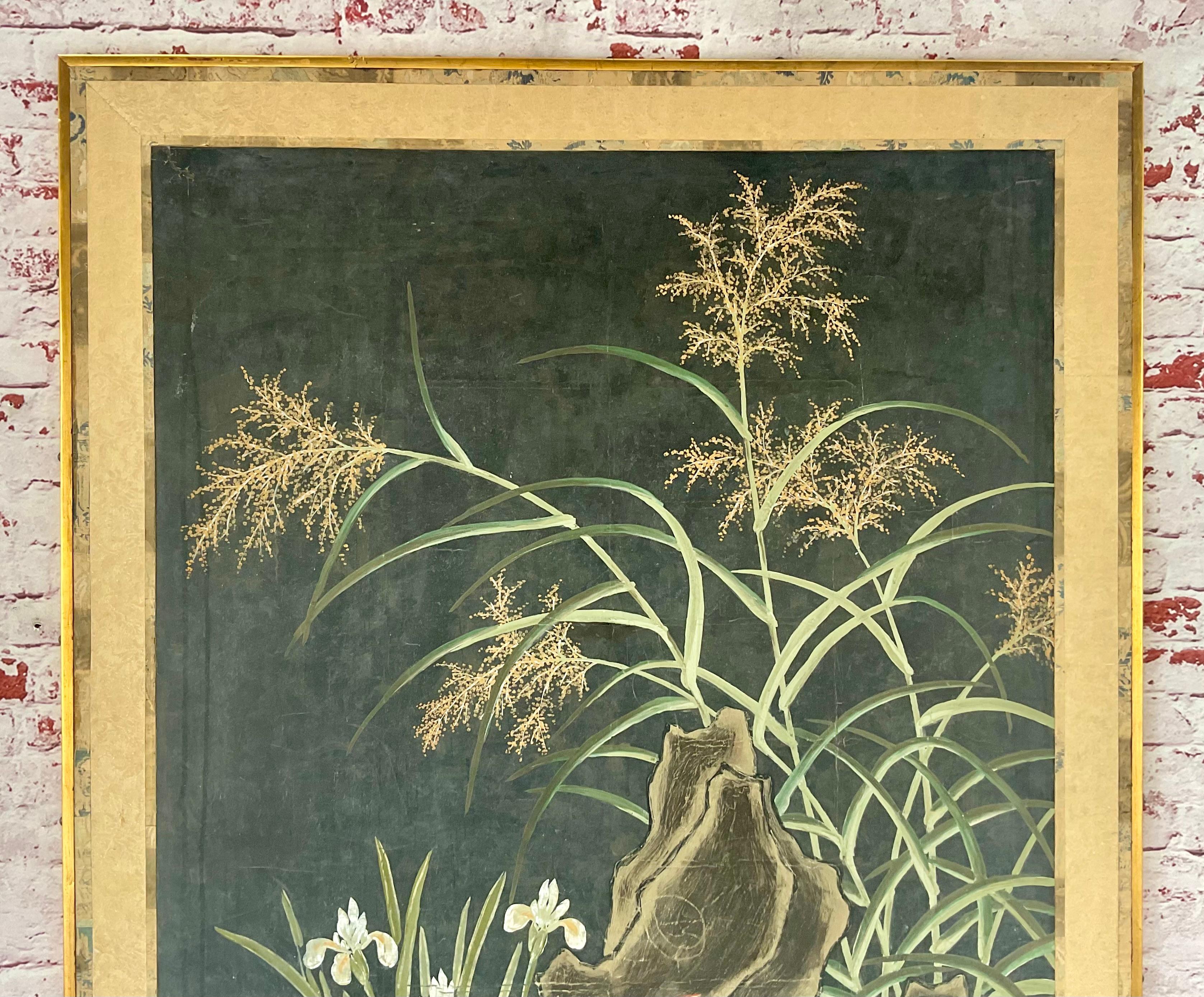Grands panneaux de papier peint chinois du 19e siècle peints à la main et représentant la nature en vente 4