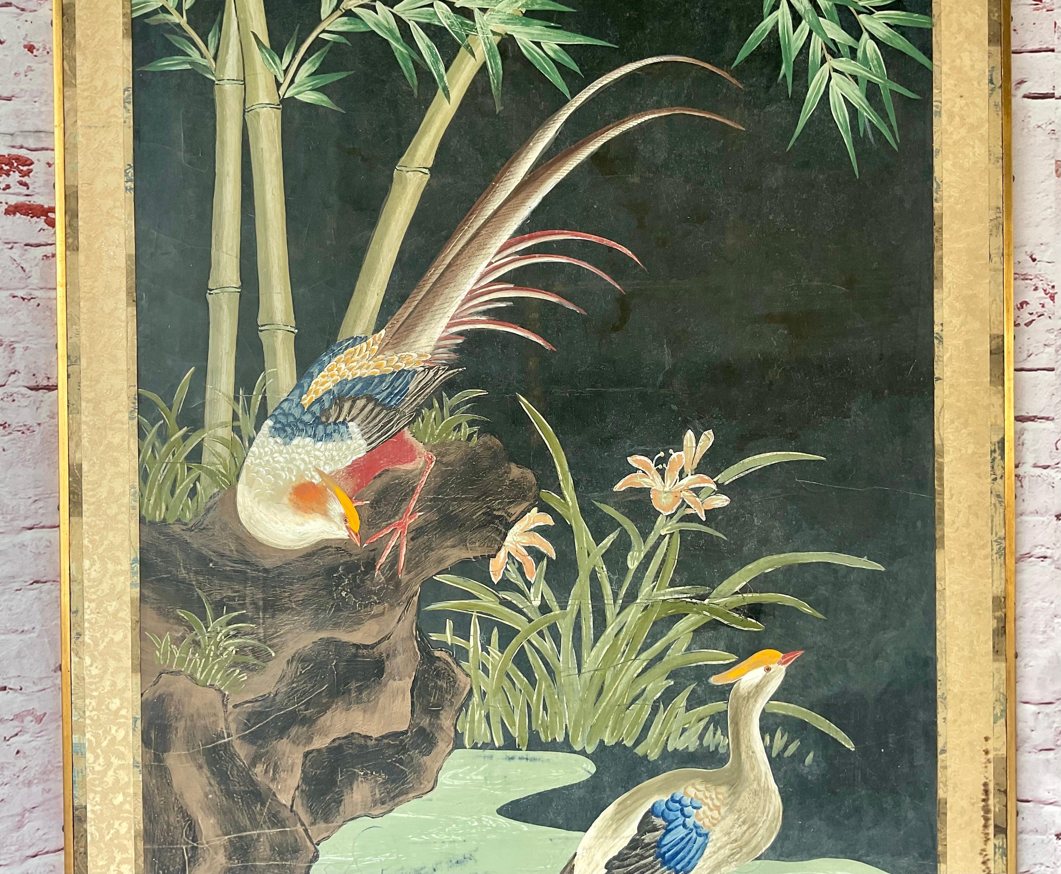 Grands panneaux de papier peint chinois du 19e siècle peints à la main et représentant la nature en vente 5