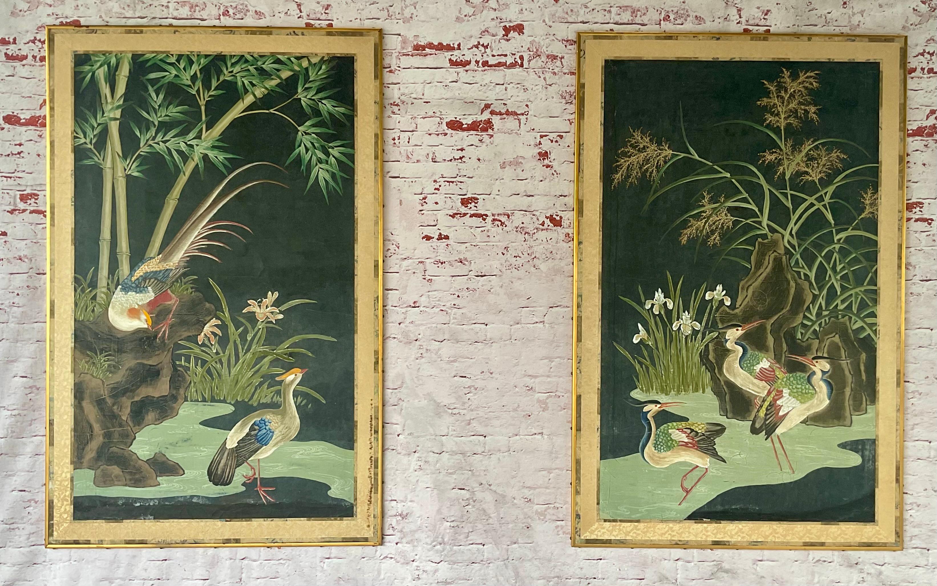 Grands panneaux de papier peint chinois du 19e siècle peints à la main et représentant la nature en vente 7