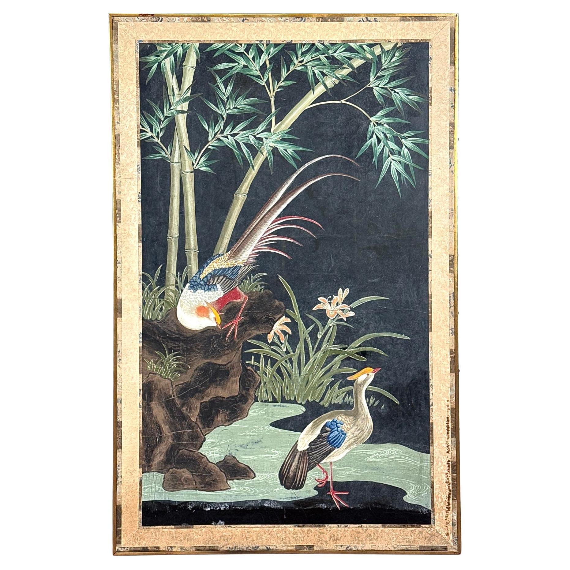 Mid-Century Modern Grands panneaux de papier peint chinois du 19e siècle peints à la main et représentant la nature en vente